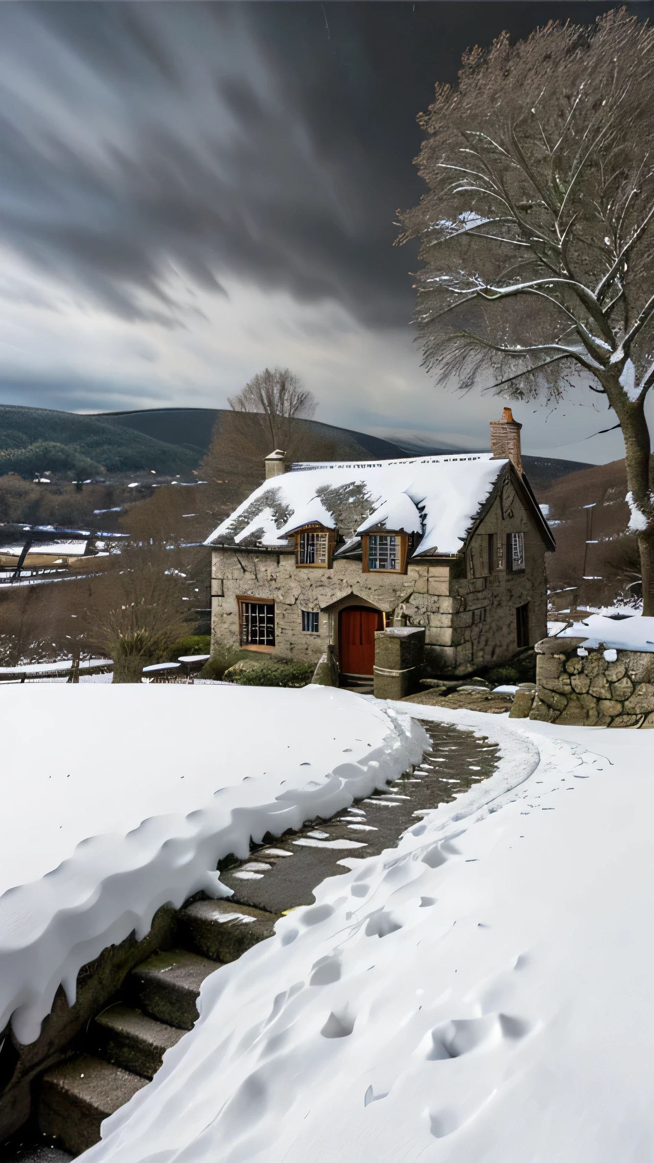 close up, andrew wythe style, old stone cottage on a hillside, very dark sky, night time, snow on the ground, bare trees