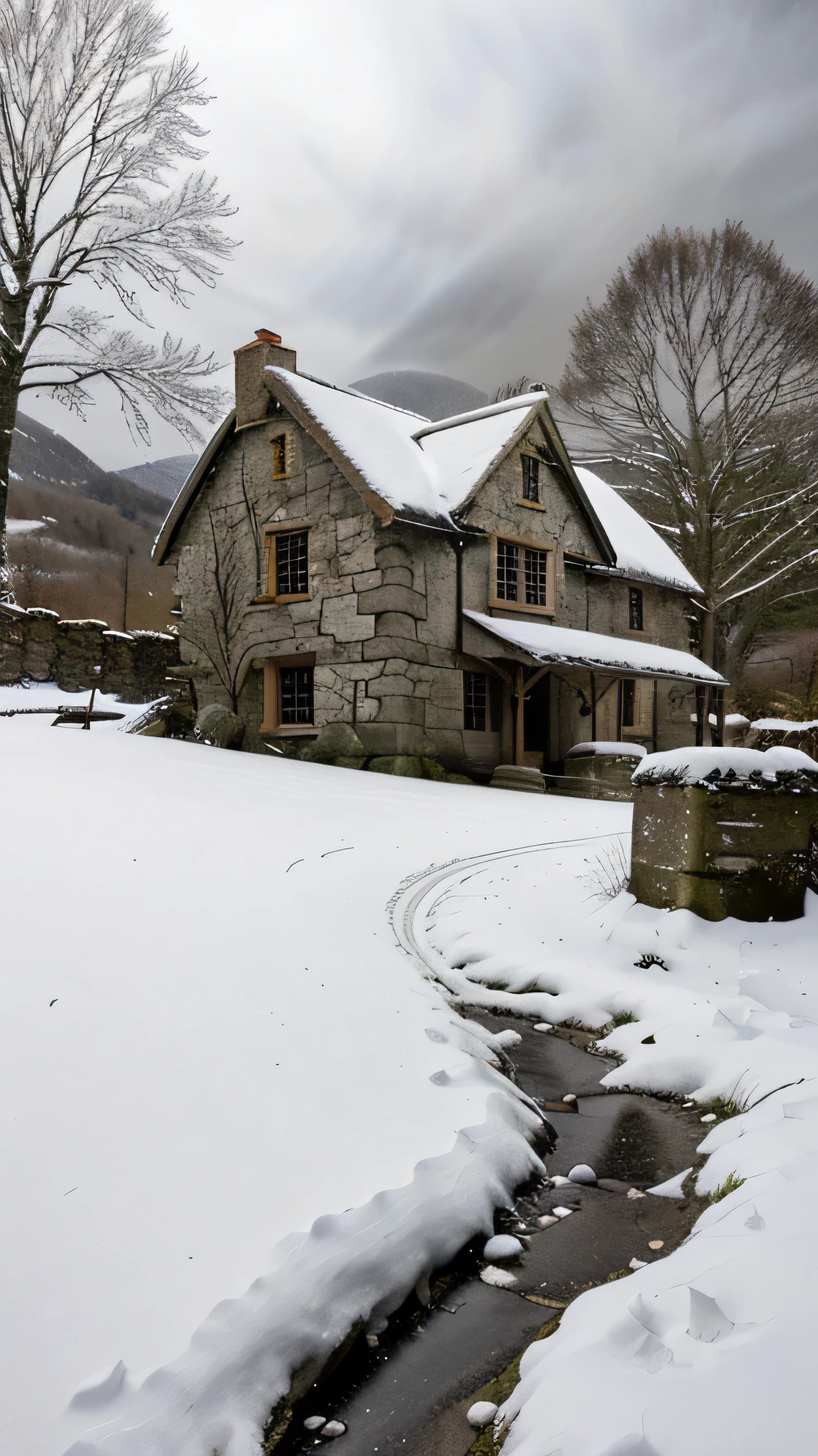 close up, andrew wythe style, old stone cottage on a hillside, very dark sky, night time, snow on the ground, bare trees
