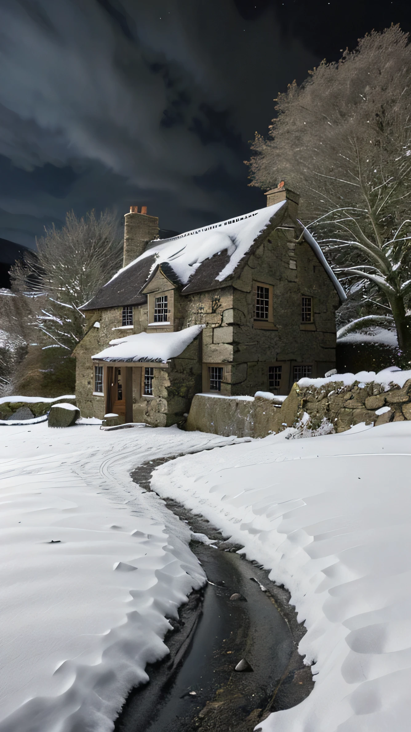 close up, andrew wythe style, old stone cottage on a hillside, very dark sky, night time, snow on the ground, bare trees