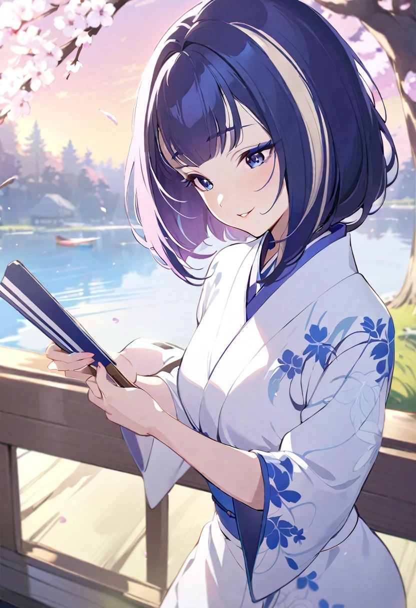 (shylily/(Twich/):1.5),(masterpiece:1.2),(best quality:1.2),, (1girl:1.3),(Top quality,Ink painting style,Fresh and elegant, Clear lake water,Sunset cherry blossoms fall,Girl in simple white kimono,Folding fan in hand,Breeze in the wind,Tree-lined woods,Cheerful birds singing,A poetic scene)