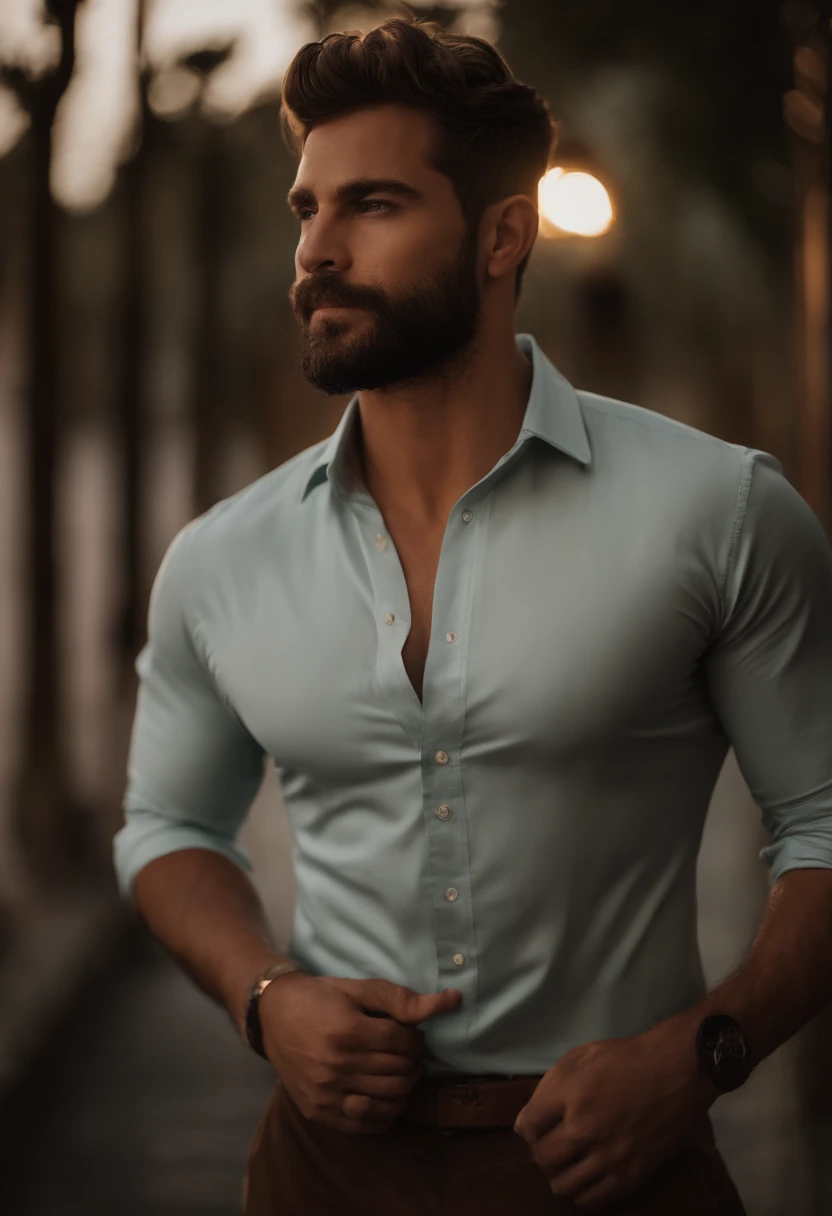 Foto de um homem bonito, 25 anos, camisa polo, Bareshes, barba baixinha, com cabelos ondulados, olhos castanhos claros, fat lips, defined muscles, ajustar, Casco rasgado, MEDIUM PLAN, rosto mais detalhado, dramatic lighting, luz discreta