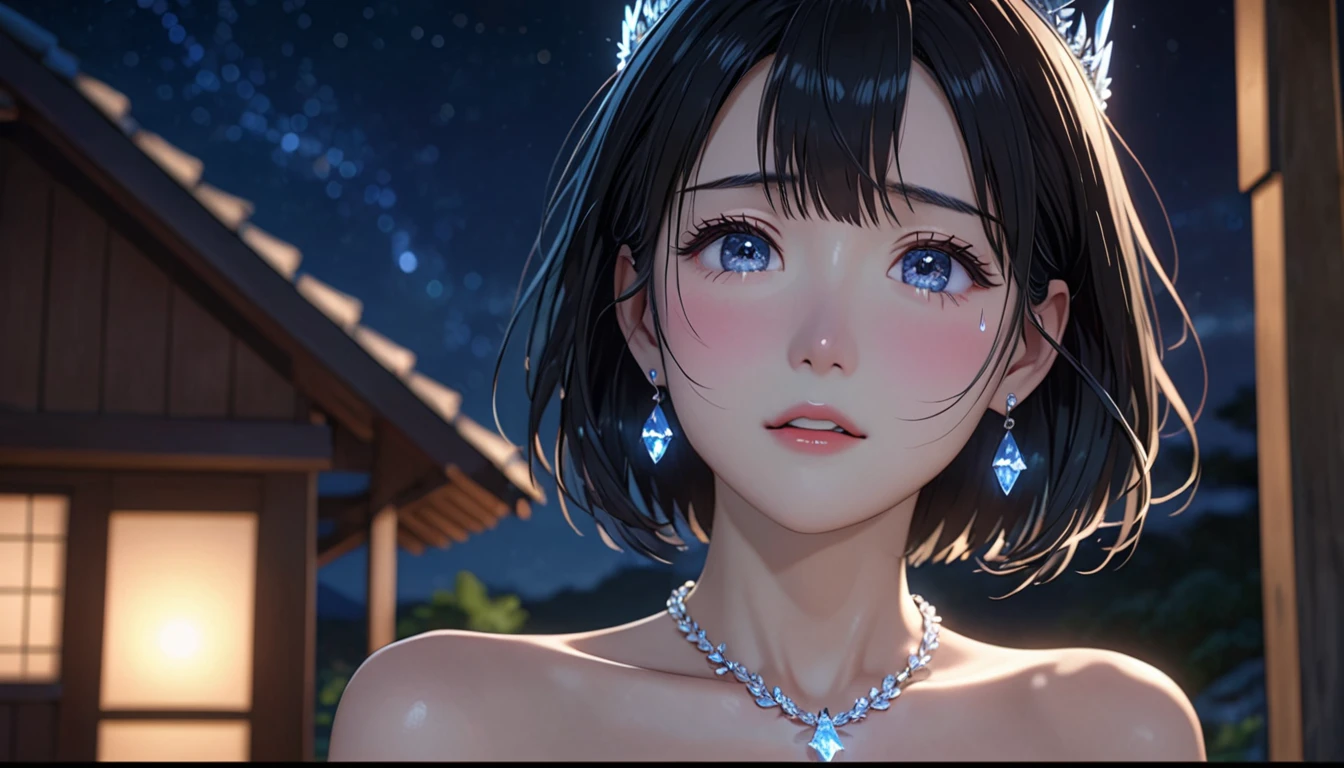National Science Foundation,masterpiece,High resolution,8K,Art,digit,Three-dimensional,Kyoto Animation Style,your name movie style,Facing the camera,night,midnight,Soft Light,Glowing skin,(1 female: 1.3),(alone: 1.4),(((Black hair))),(Naked upper body),crystal crown,crystal necklace,crystal earrings,Long eyelashes,slender legs,Short Bob,Close-up of upper body,Close-up,close view,night星空,The brightly lit coast in the distance,(Starry eyes),Blushed,shy,shy,open mouth,(((cry))),(((shed tears))),(((feel sad)))