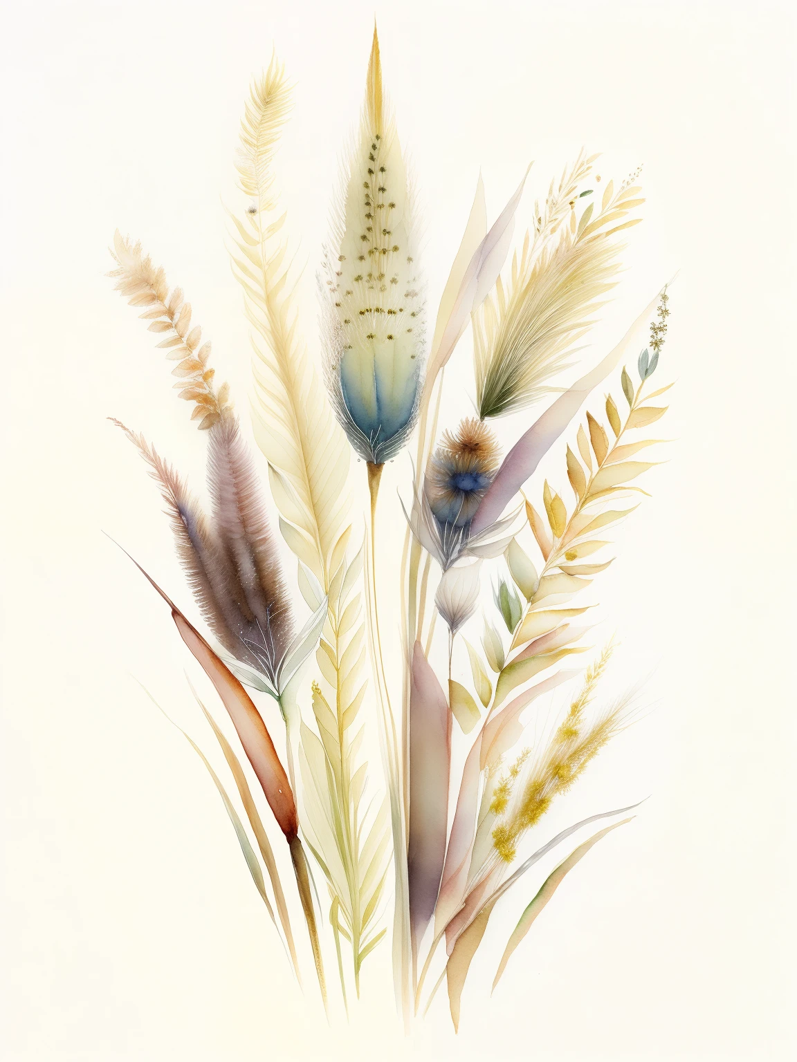 there are some grass and plants that are painted in watercolor, detailed watercolour, botanic watercolors, masterful detailed watercolor, wildflowers and grasses, detailed watercolor, dried plants, dried flowers, reeds, bullrushes, dry grass, leaning towards watercolor, watercolor painting, detailed watercolor painting, watercolored, made of dried flowers, water colour, watercolor illustration, rich aquarel