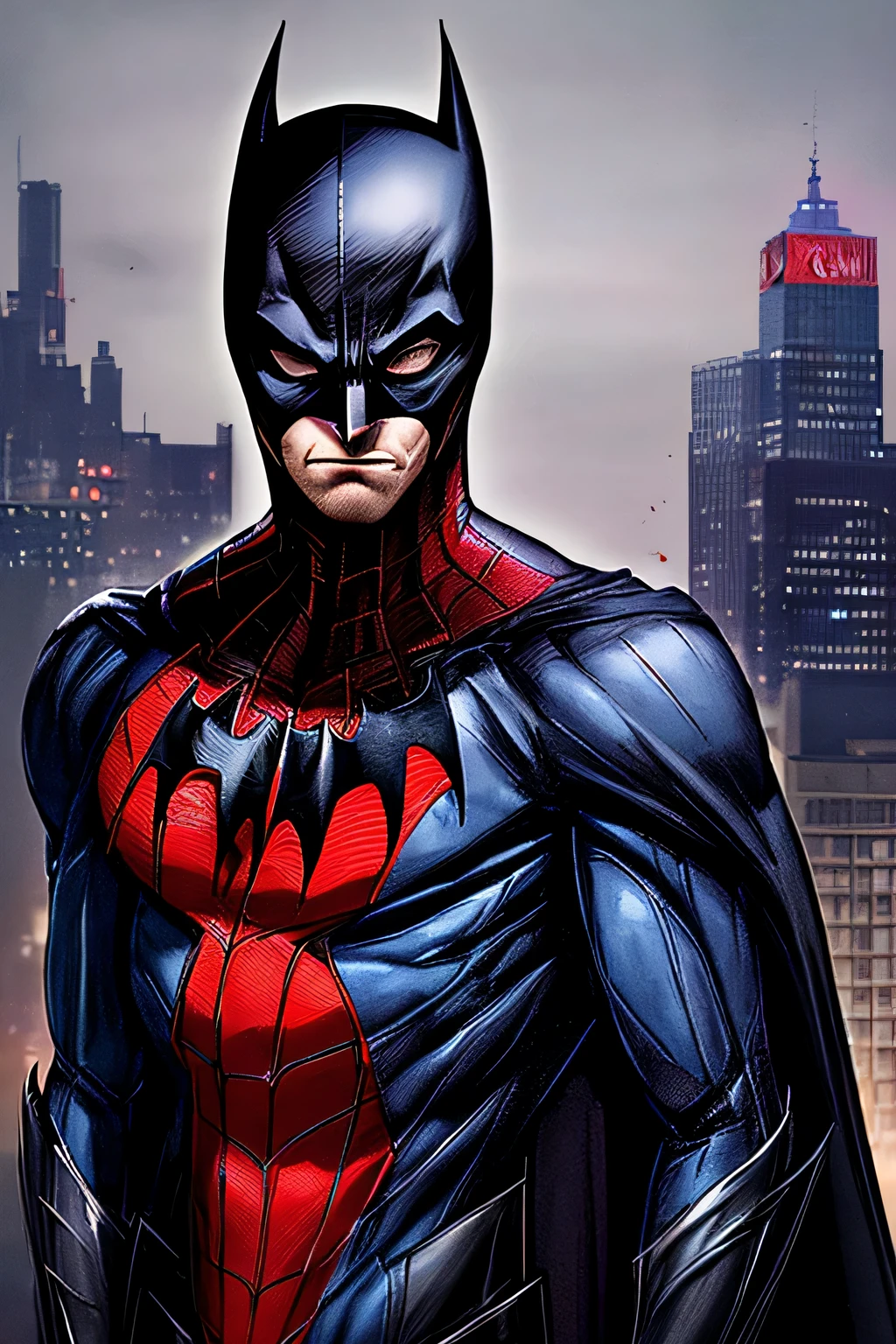 1man, big batman, spiderman motif, blue and red suit, tall body, high quality images, standing in rooftop, night, sinister, hyper realistic, red color mask from head to chest, white eyes