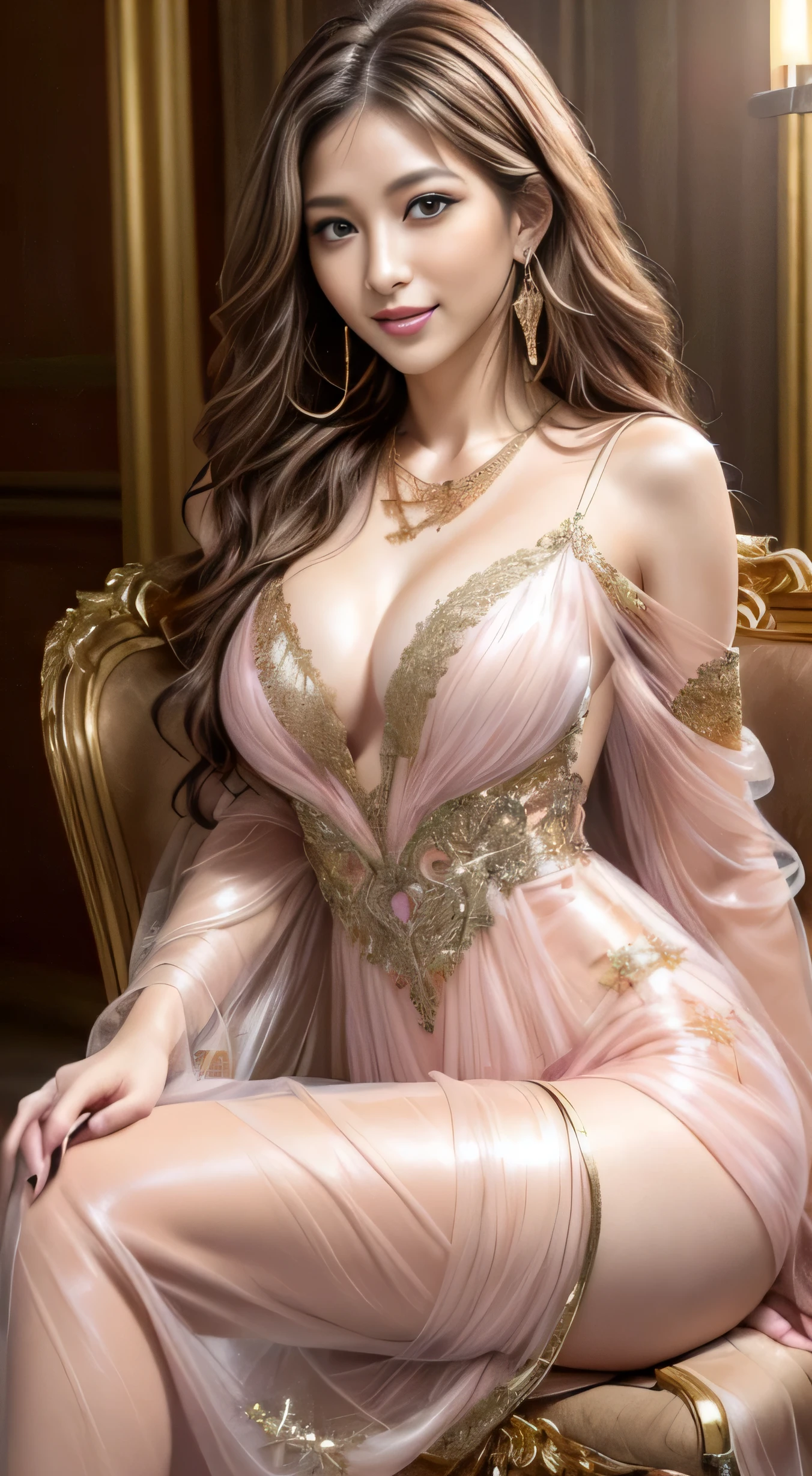 ((masterpiece、highest quality))、Detailed face、sexy japanese model、((((wearing sexy gown, Translucent dress, fantasy long intricate gown, Gorgeous models,opened dress, flowing magical flesh robe, Light pink sheer dress, Young sexy elegance:1.3))))、Cleavage、depth、1 girl、Synmatic Lighting、High heels、Sexy Woman、Sexy legs、Pay attention to the beautiful legs、Attractive beautiful legs、sexy high heels、Louboutin sexy high heels、Sit on a chair with your legs crossed in a sexy way、naughty legs、smile、Sexy Costumes,((Loosely inward wavy hair:1.2)),((Gold Necklace_Large earrings:1.2)),((Extra long brown hair:1.2))