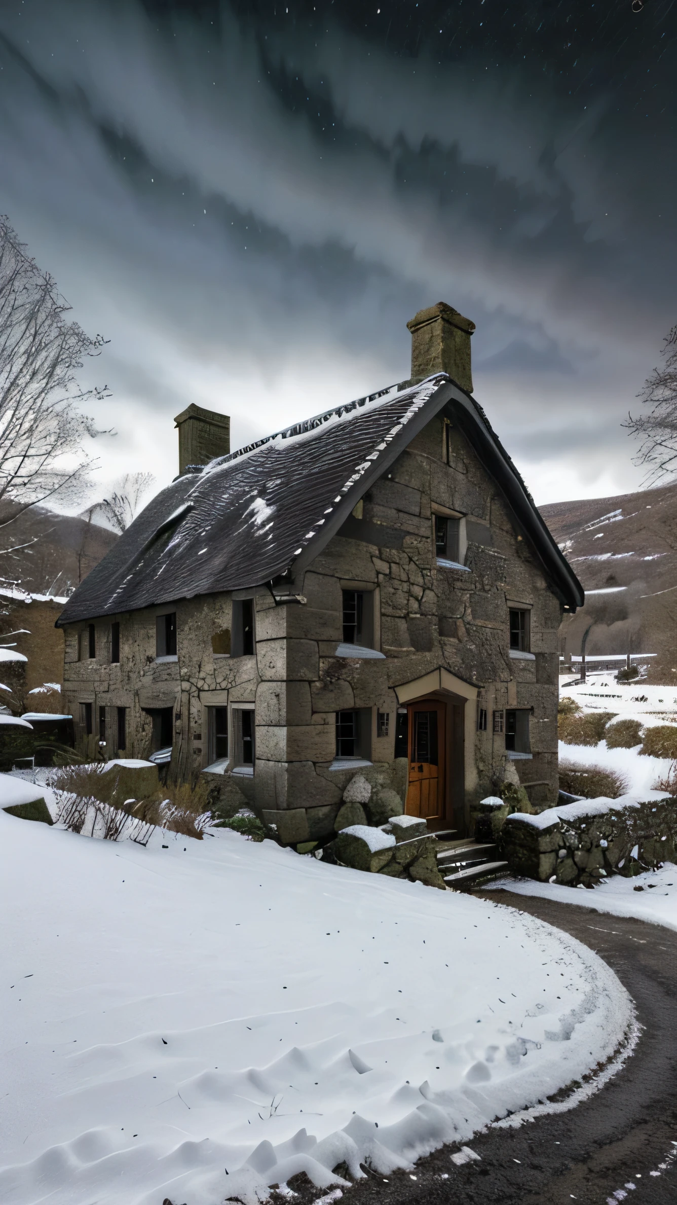 close up, andrew wythe style, old stone cottage on a hillside, very dark sky, night time, snow on the ground, bare trees