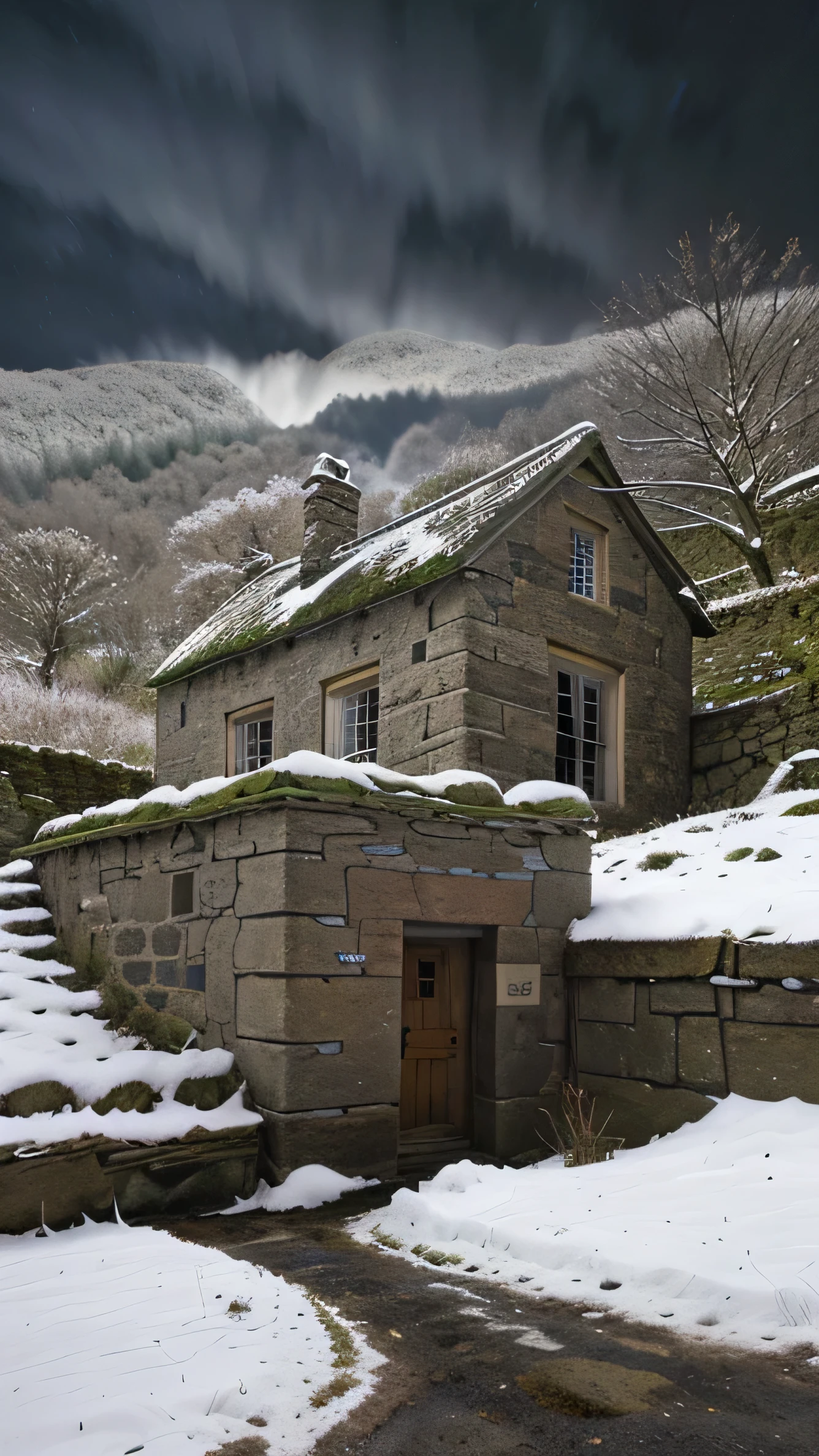 close up, andrew wythe style, old stone cottage on a hillside, very dark sky, night time, snow on the ground, bare trees