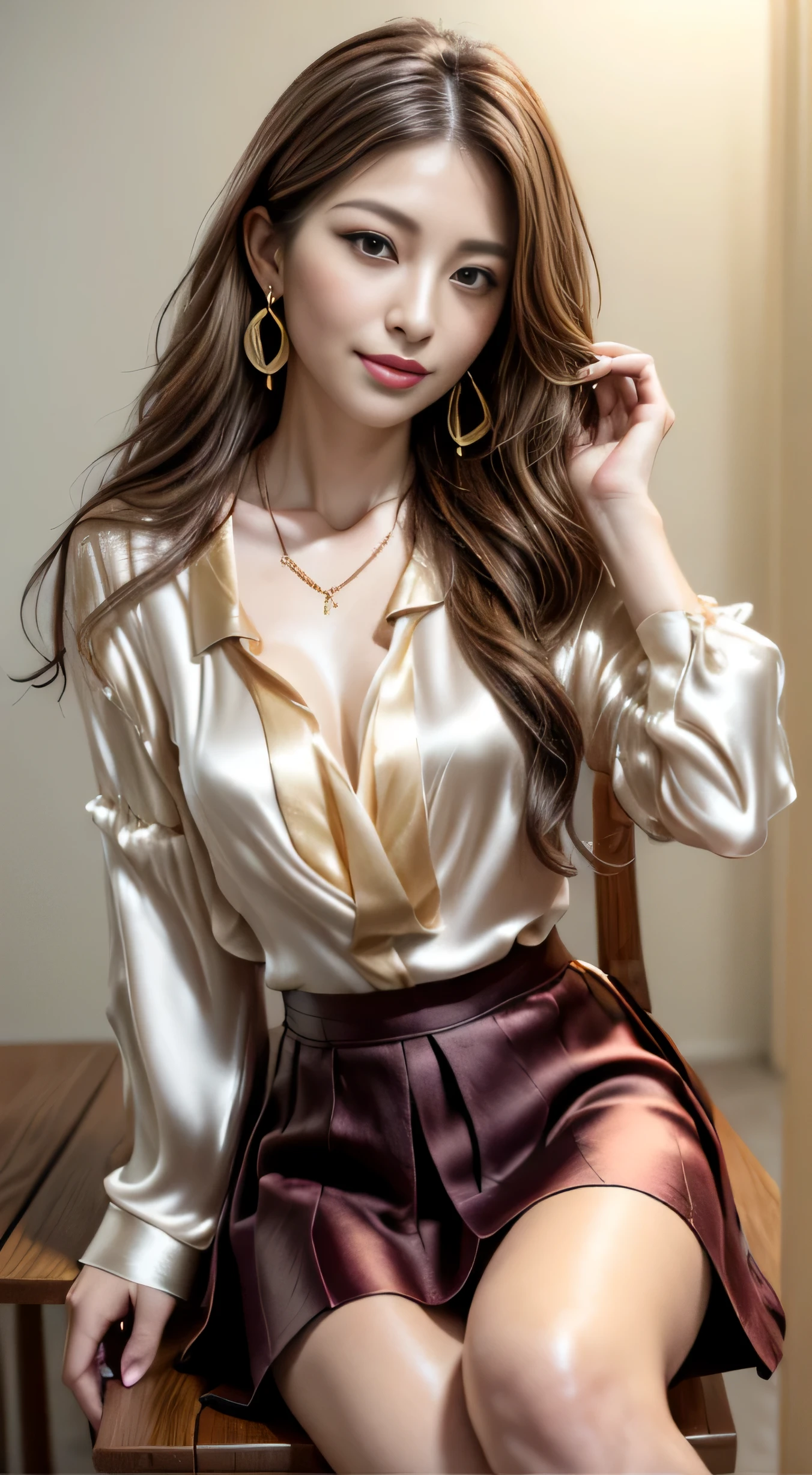 ((masterpiece、highest quality))、Detailed face、sexy japanese model、((((wearing Blouses and skirts, Wearing a silk blouse, wear a shirt and skirt:1.3))))、Cleavage、depth、1 girl、Synmatic Lighting、High heels、Sexy Woman、Sexy legs、Pay attention to the beautiful legs、Attractive beautiful legs、sexy high heels、Louboutin sexy high heels、Sit on a chair with your legs crossed in a sexy way、naughty legs、smile、Sexy Costumes,((Loosely inward wavy hair:1.2)),((Gold Necklace＿Large earrings:1.2)),((Extra long brown hair:1.2))