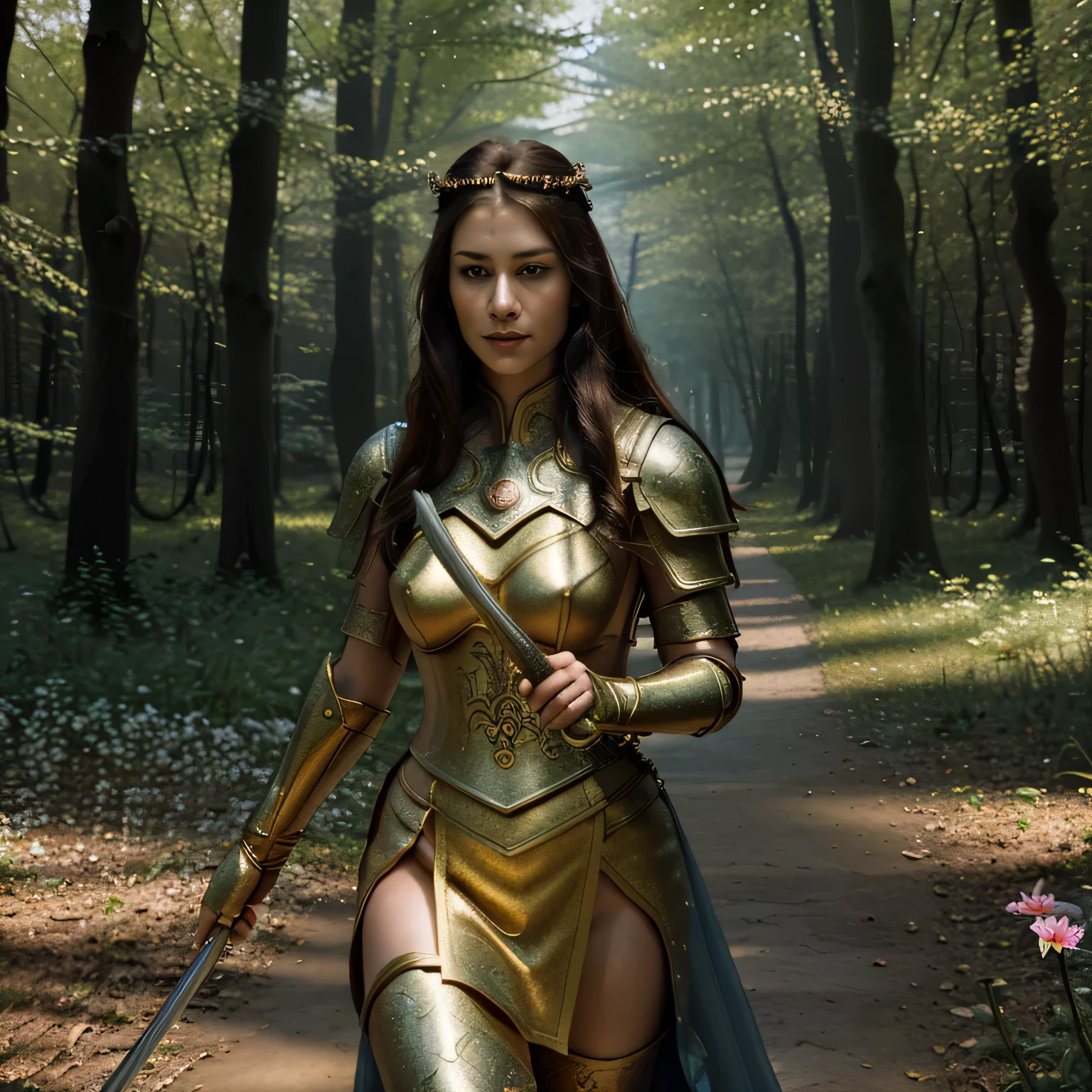 A warrior princess, (best quality, highres, ultra-detailed, realistic:1.37), with fierce eyes and a determined expression, dressed in shining armor, holding a gleaming sword, standing in a mystical forest. The princess is surrounded by vibrant flowers and a soft golden light illuminating the scene. The artwork is created with meticulous brushstrokes and showcases the princess's strength and grace. The colors are vibrant and dynamic, with a mix of warm and cool tones that create a magical atmosphere. The lighting highlights the princess's features and casts beautiful shadows on the forest floor.