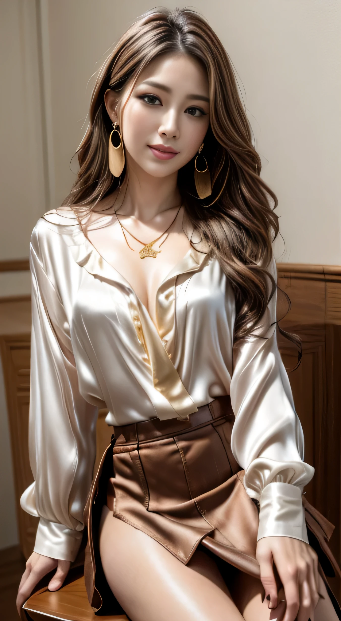 ((masterpiece、highest quality))、Detailed face、sexy japanese model、((((wearing Blouses and skirts, Wearing a silk blouse, wear a shirt and skirt:1.3))))、Cleavage、depth、1 girl、Synmatic Lighting、High heels、Sexy Woman、Sexy legs、Pay attention to the beautiful legs、Attractive beautiful legs、sexy high heels、Louboutin sexy high heels、Sit on a chair with your legs crossed in a sexy way、naughty legs、smile、Sexy Costumes,((Loosely inward wavy hair:1.2)),((Gold Necklace＿Large earrings:1.2)),((Extra long brown hair:1.2))