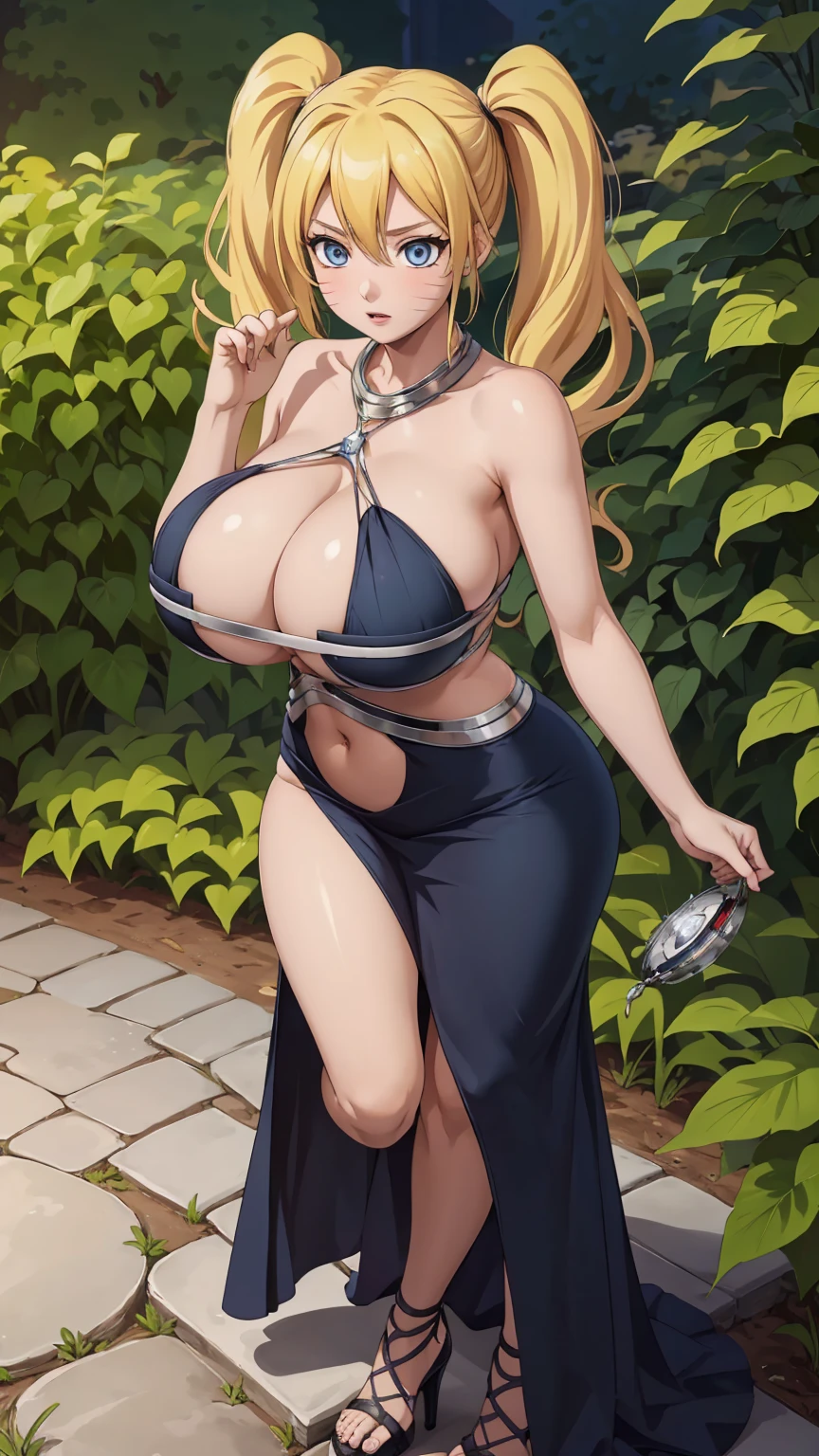 masterpiece, ultra high-quality, extremely detail 8k cg, high resolution, 1girl, narukouzumaki, twintails, wisker marks, blonde hair, blue eyes, perfect eyes, thin body, huge breasts, bursting breasts, evening gown, halterneck, criss-cross halter, high heels, choker, beautiful face, outdoors, garden, night time, full shot photo, full body
