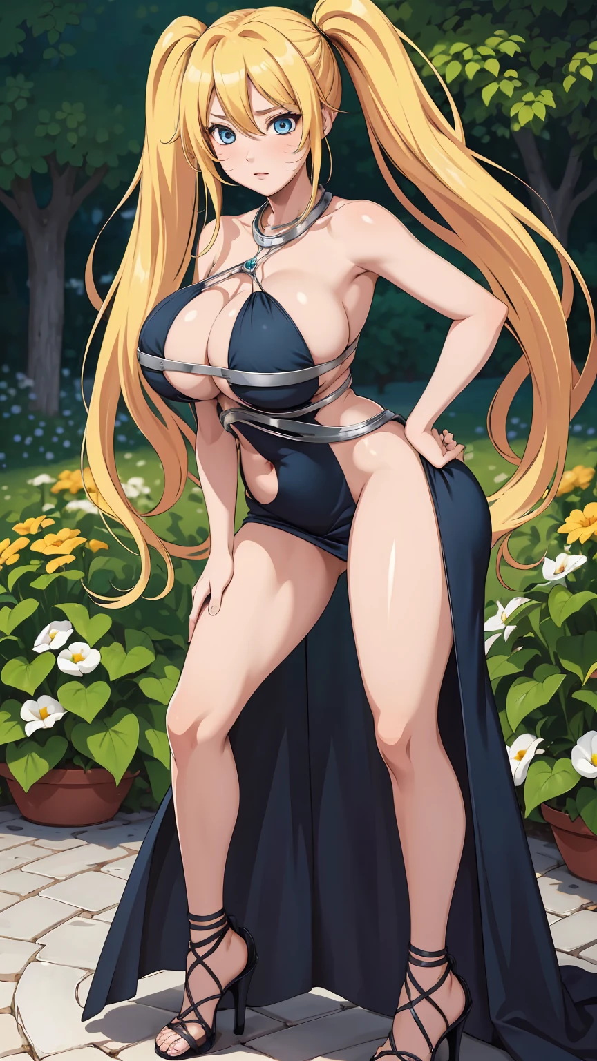 masterpiece, ultra high-quality, extremely detail 8k cg, high resolution, 1girl, narukouzumaki, twintails, wisker marks, blonde hair, blue eyes, perfect eyes, thin body, huge breasts, bursting breasts, evening gown, halterneck, criss-cross halter, high heels, choker, beautiful face, outdoors, garden, night time, full shot photo, full body