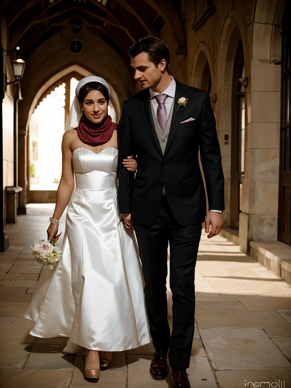caricature of a guy wearing a suit, and a girl wearing a dress, wearing a headscarf. holding hands at a wedding, realistic
