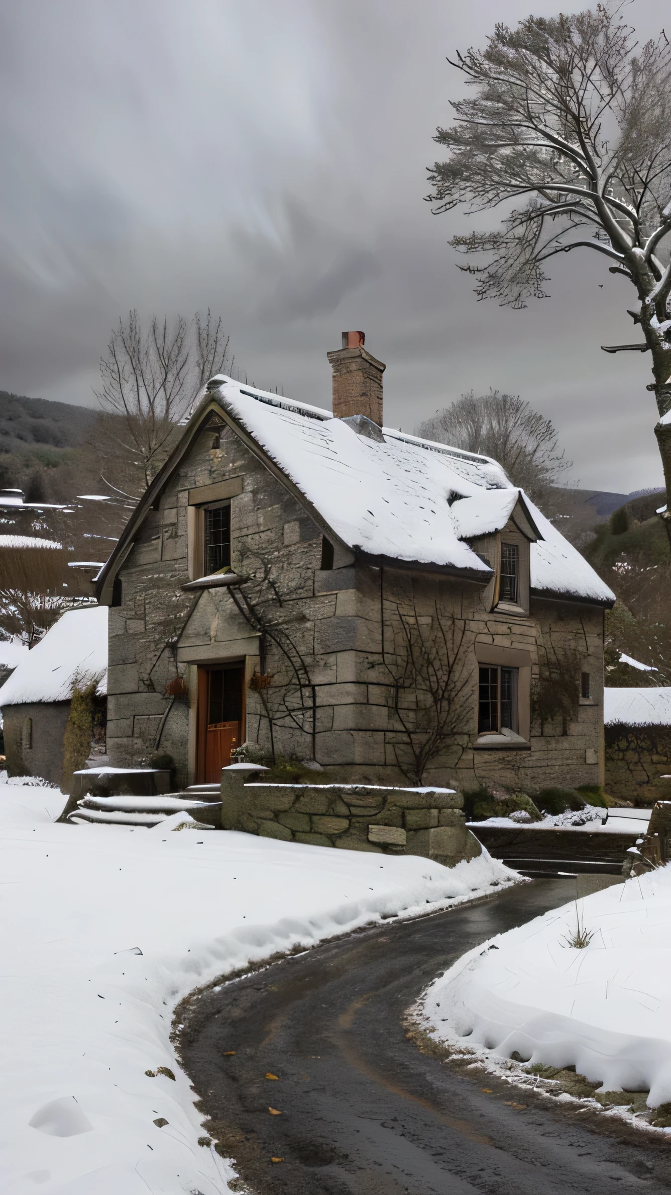 close up, andrew wythe style, old stone cottage on a hillside, very dark sky, night time, snow on the ground, bare trees