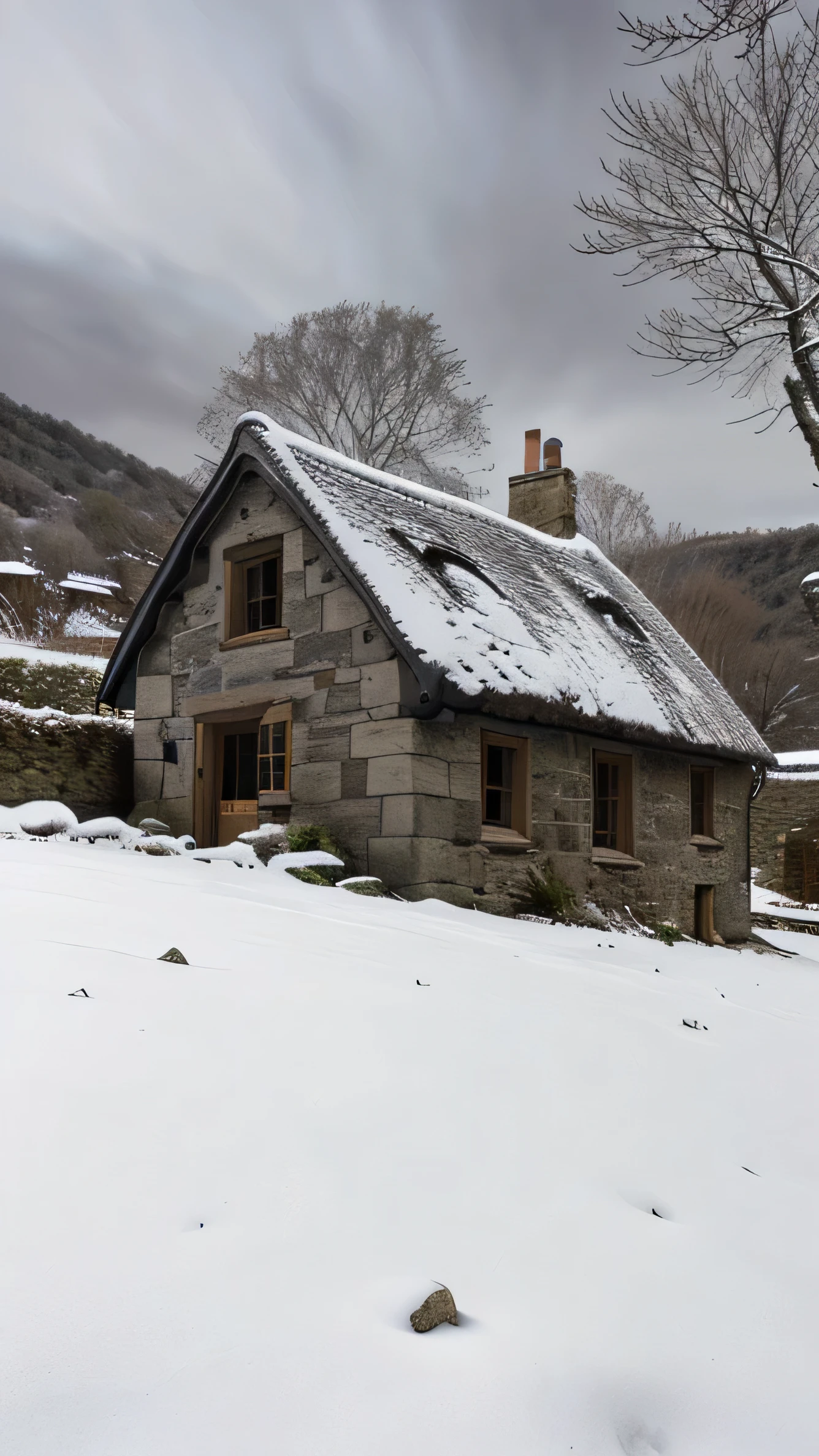close up, andrew wythe style, old stone cottage on a hillside, very dark sky, night time, snow on the ground, bare trees