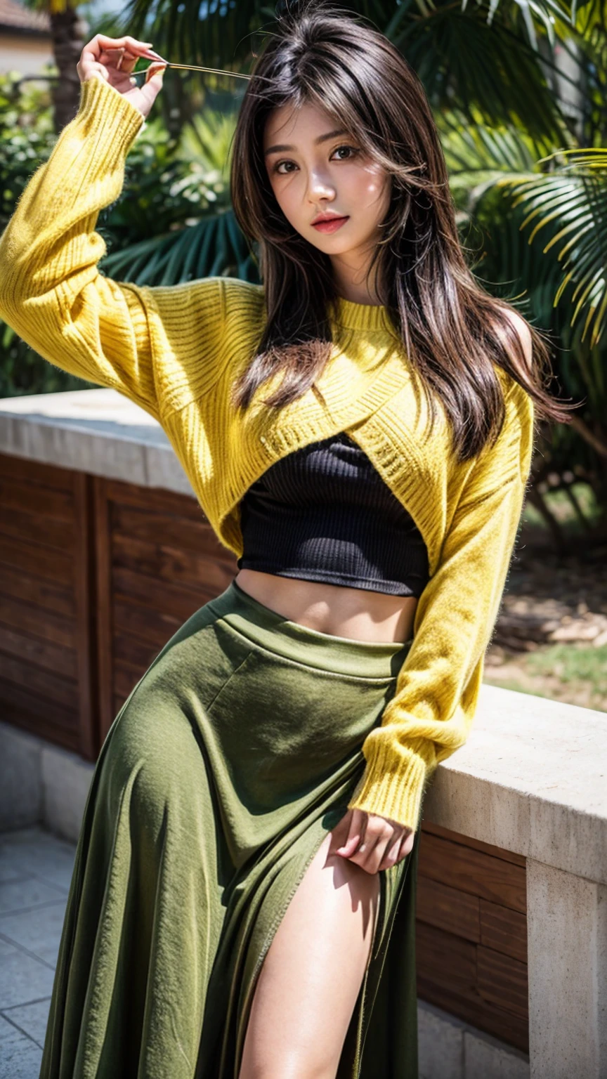 Indonesian girl , perfect face, brownish black hair (short), straight body, super big tits, very erotic, wearing yellow sweater, wearing long skirt (green in colour), playing with Australian boy (17 years old