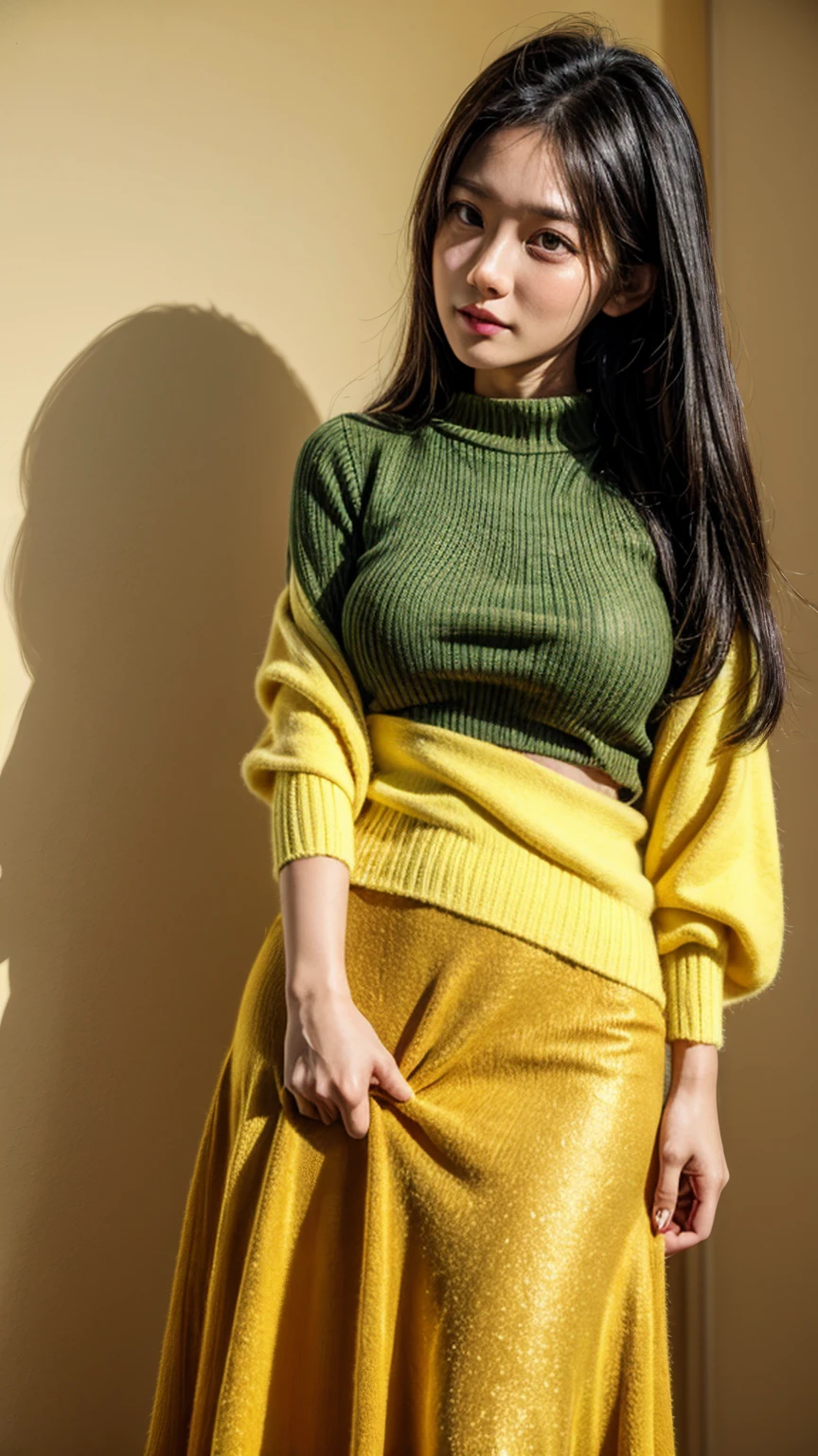 Indonesian girl 16 years old, perfect face, brownish black hair (short), straight body, super big tits, very erotic, wearing yellow sweater, wearing long skirt (green in colour), playing with Australian boy (17 years old),