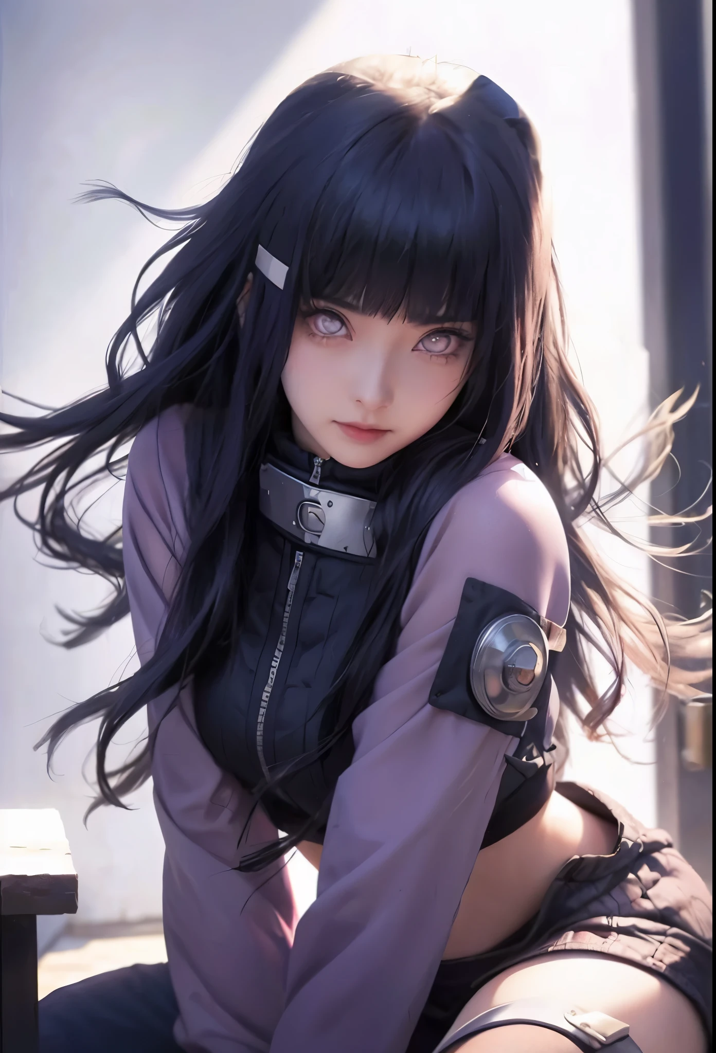 tmasterpiece， Best quality at best， 1girll， Hinata Hyuga ， Large breasts，Off-the-shoulder attire，（cleavage)，（upperbody closeup)，Raised sexy，is shy，ssmile，with black hair， long whitr hair， （Green eyeballs:1.4)， Forehead protection， the cherry trees，Cherry blossoms flying，Red clothes，Zipper half ,realisticphoto ,animerealitic, realistic , perffeck charakter , quality detail , ultra high , anime from realistic