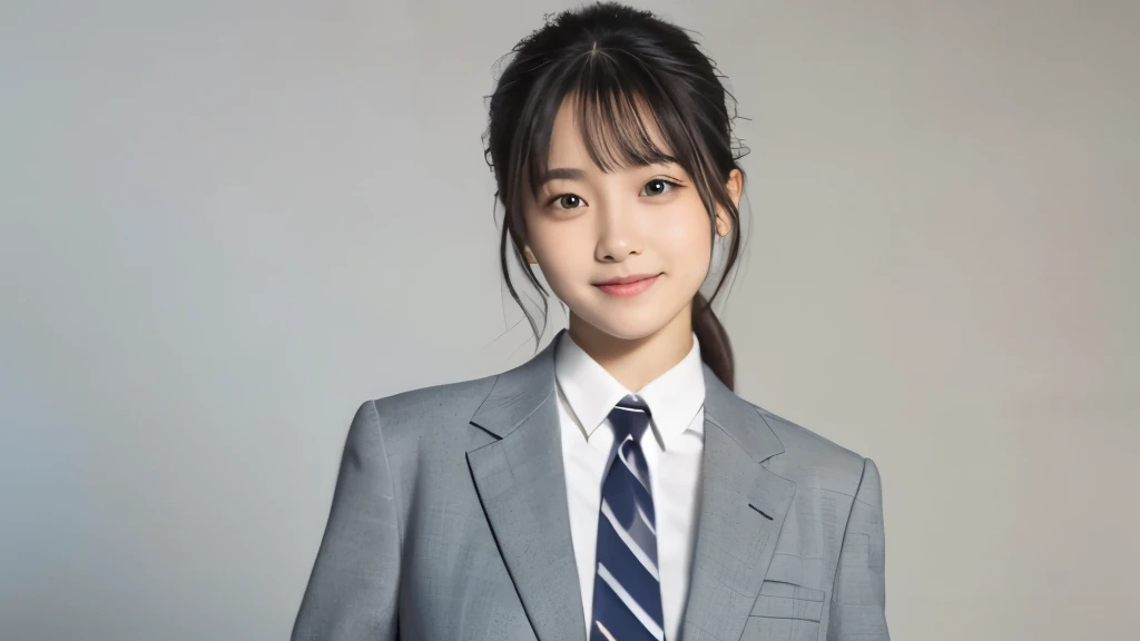 (Realistic: 1.4), (highest quality: 1.4), (Fine grain), Full body shot, ((White background)), ((Watching the audience)), ((1 female university student)), Black Hair, ((suit)), Wide eyes, Blushed face, smile, Highly detailed face and skin texture, Healthy Skin, 8k resolution