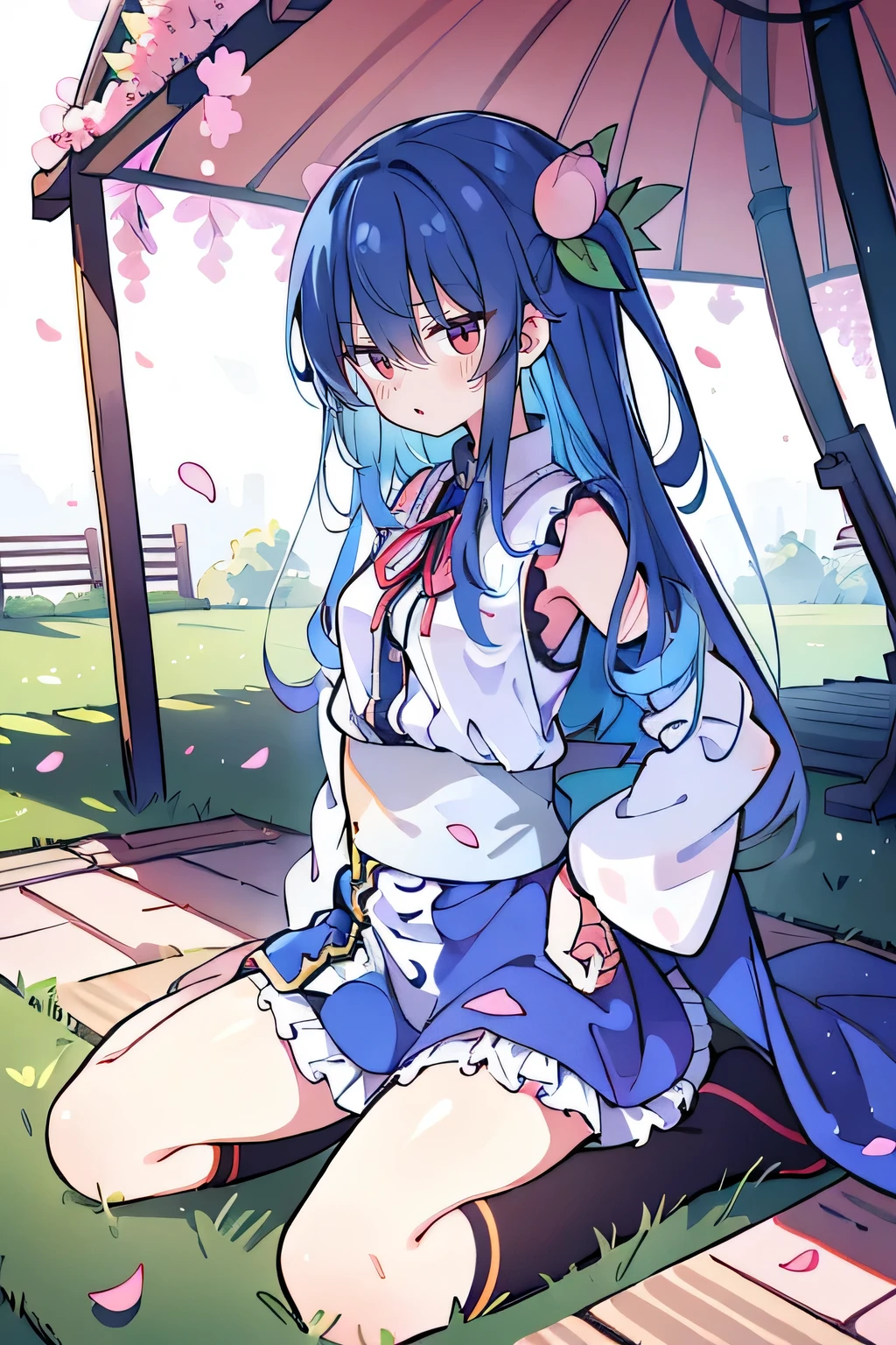 (best quality, masterpiece:1.2), expressive eyes, perfect face, 1 girl, hands on waist, beautiful, gorgeous, Japanese animation, Lola, Hinamori Angel, blue hair, floating clothes, waist grab, waist grab, hands on hips, sitting, sitting on the ground, legs on the ground, flat-chested, falling petals, sitting in a pavilion, pavilion.