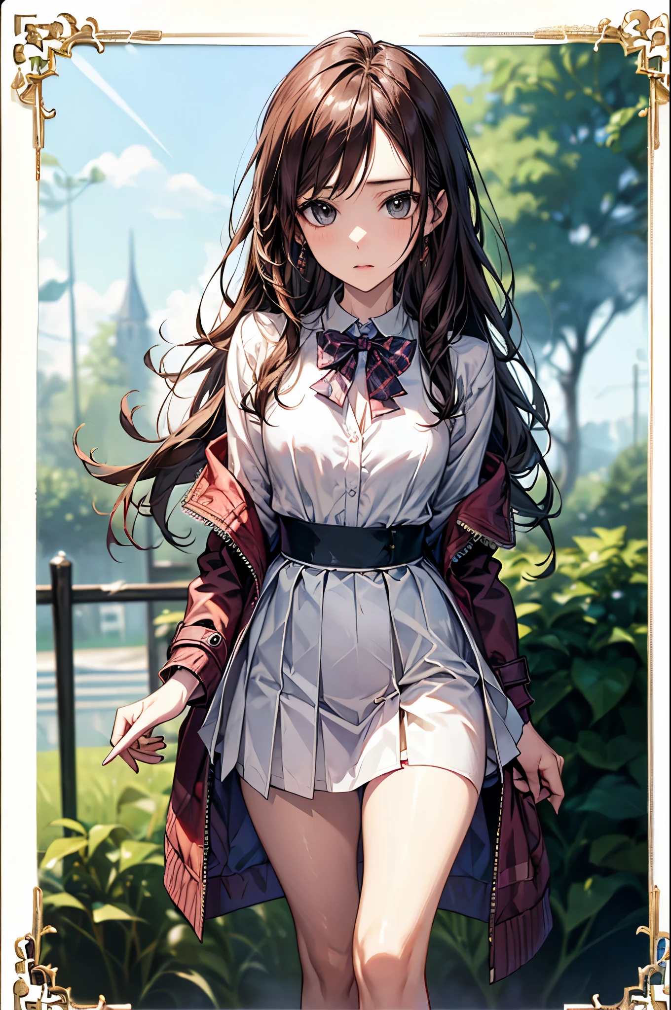 ((Biologically correct number of limbs))、(( Full body photo including face))、4K、((Standing posture))、Masterpiece、((focus on the face))、((Symmetrical facial features))、Eyes with detailed description、Beautiful woman、Outstanding style、Beautiful clavicle、Beautiful legs、Beautiful Hands、Slender Body、(stockings、High heels)、Detailed depiction of faces、Small earrings、necklace、(Jacket、shirt、(Checked skirt))、Sidelong glance、A bow tie、Park in the morning mist、(((white frame photo)))、Droopy eyes、Photographed from diagonally in front