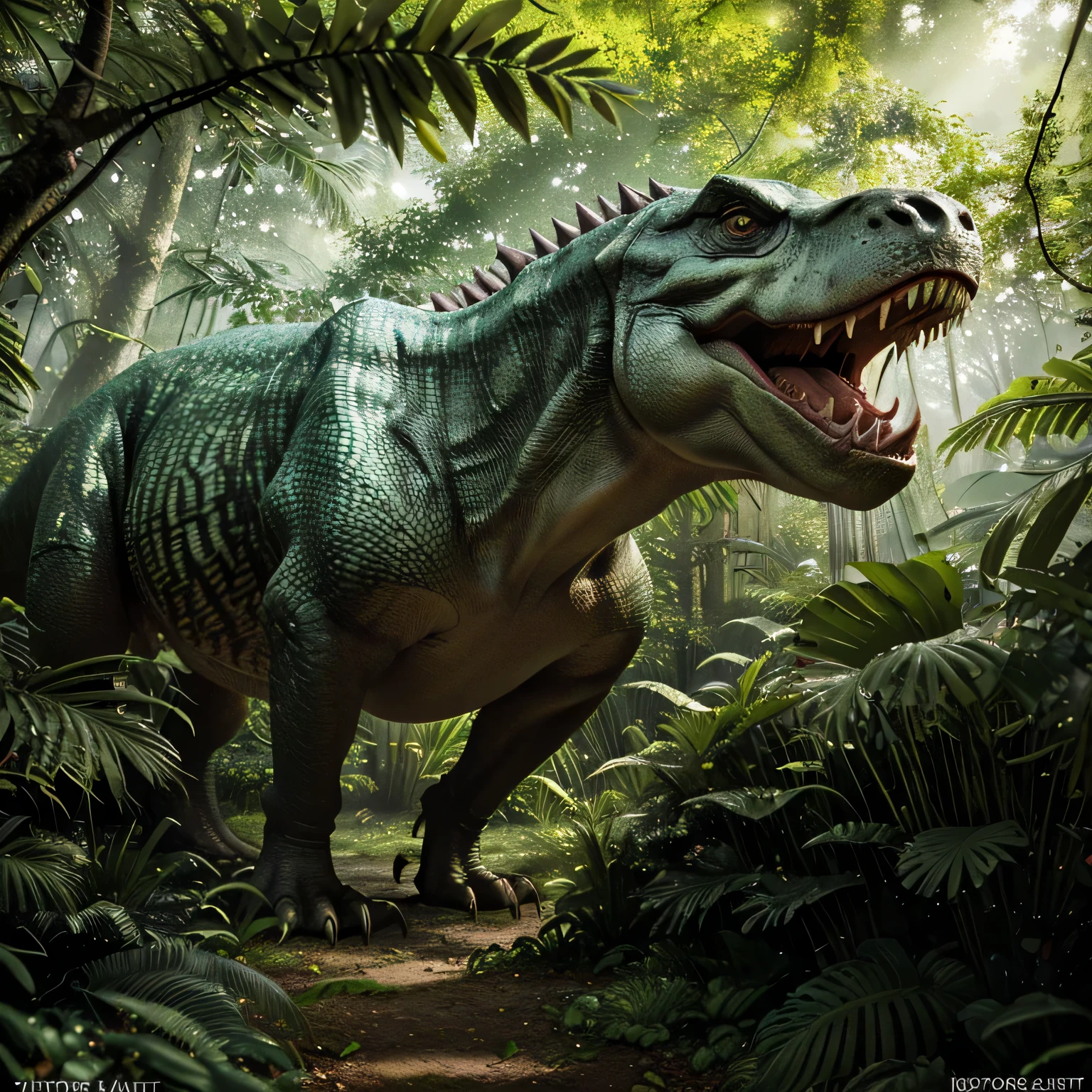 (best quality,highres,masterpiece:1.2),ultra-detailed,realistic,photorealistic:1.37,portrait of a T-Rex in the jungle,powerful and ferocious,exquisite scale and texture,immersed in a lush green environment,dappled sunlight filtering through the tall trees,casting shadows on the dinosaur's scaly skin,beady eyes full of intensity and dominance,sharp and deadly teeth,snarling with a hint of aggression,dense foliage surrounding the majestic creature,leaves rustling in its wake as it moves,imposing presence filling the frame,striking balance between realism and artistic interpretation,subtle color grading adding depth and atmosphere,dynamic lighting accentuating the T-Rex's form and power.