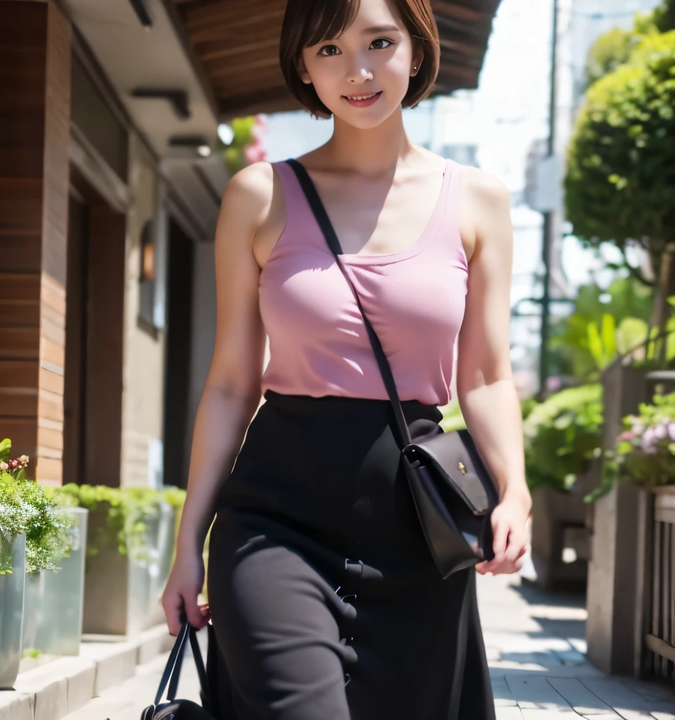 highest quality、8k、Ultra-high resolution、masterpiece、Professional Lighting、Clear photos、A cute boy、Anatomically correct body、Big Breasts、Large erect nipples、super slim、Delicate body:1.4、Narrow waist、Short Bob Hair、brown hair、she wears a tight pink maxi mini dress:1.8、Hang a black shoulder bag over your shoulders:1.6、hang a shoulder bag diagonally:1.8、A walk in the park