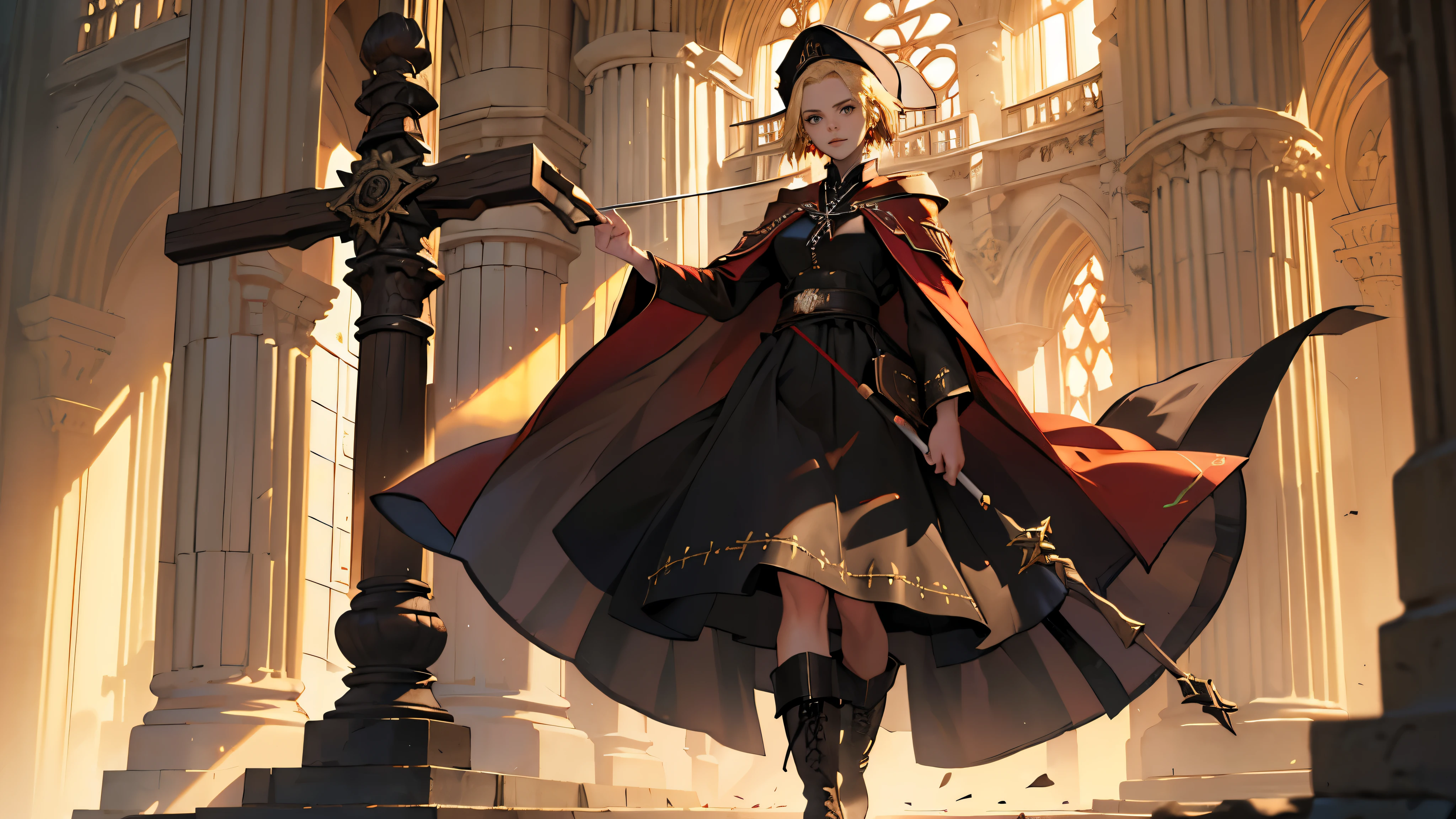 masterpiece, ultra detailed, 8k portrait, RAW photo, portrait photography, highly detailed face, beautiful and meticulous eyes, ((Fantasy)), Young beautiful, dynamic pose, kind face, smile, (((Blonde very short hair, forehead))), ((Priest)), armpit, wood necklace, clergy hat, (((long cloak))) fluttering in the wind, (((dark dull red super fit Priest robe))), (((long skirt)), (((low boots))), ((holding long wood staff)), big shoulder bag, Midday Sun, hyper realistic, Body model, mid breasts, Beautiful breasts, Long legs, in the crowd, Ambient lighting, Shadow details , Camera focus on face, strong breeze, Light fog