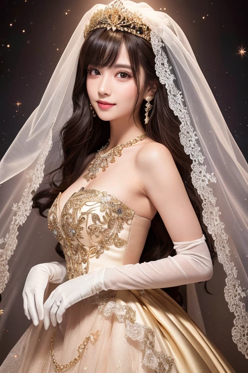Superb Quality, Masterpiece, High Resolution, 1Girl, Blush, (Seductive Smile: 0.8), Star Pupil, brown eye, normal , perfect body shape ratio, bare face, body goals girl, ideal girl, perfect girl, she's my girlfriend、full body Esbian、perfect anatomy, detailed anatomy, A dark-haired, cute bangs, long straight dark hair, sweet smile, stunning face, good girl, idol, key of visual, gorgeous face, perfect anatomy, detailed anatomy, elegant diamond necklace, perfect necklace, sweetheart, exotic veil, bright veil, perfect veil, elegant veil, radiant dress, wrap dress, long sleeved dress, full body covered by dress, a flower crown above her head((flower crown:2,4)), detailed flower crown, perfect dress, detailed dress, heavy, elegant gloves covered by gold 24 carat, front view, full body looks, perfect camera, HD quality, high picture quality、celestial palace background, 8K UHD, DSLR, Soft Light, High Quality, Volume Lighting, HDR on, High Resolution, 4K, 8K, Background Bokeh