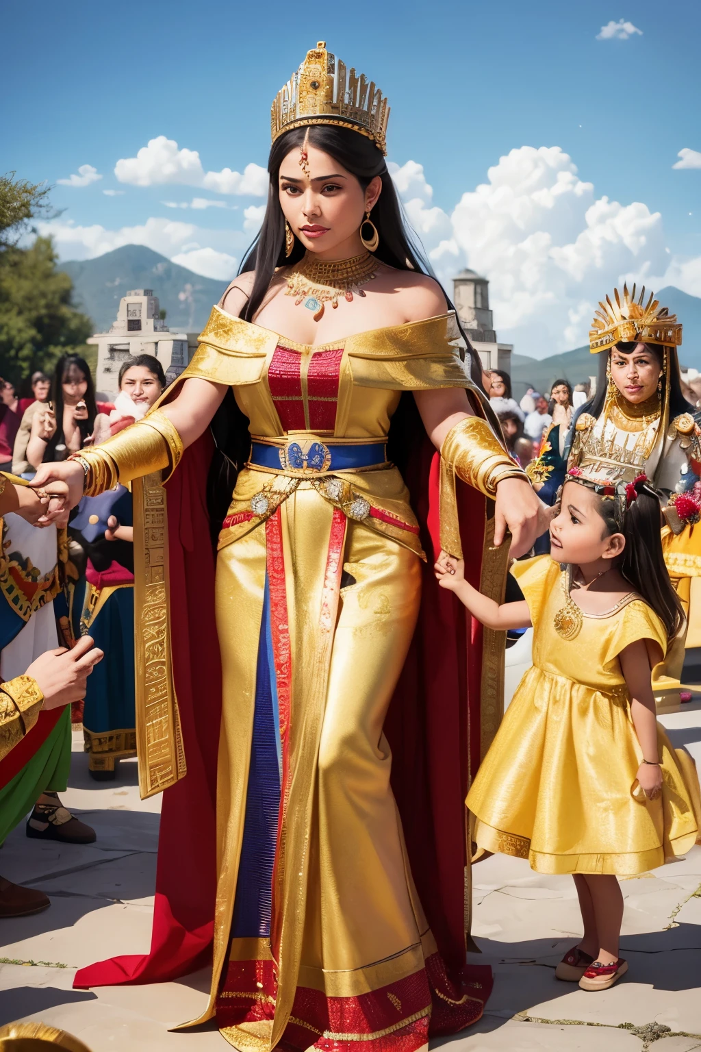 Aztec Mexican queen shaking hand with some people,queen meeting people,queen cheering with pwoplw with many servants, giving them gold, many offerings, many fruits, much gold, queen sitting on the throne, many praises, comic , hyperrealistic, a lot of people