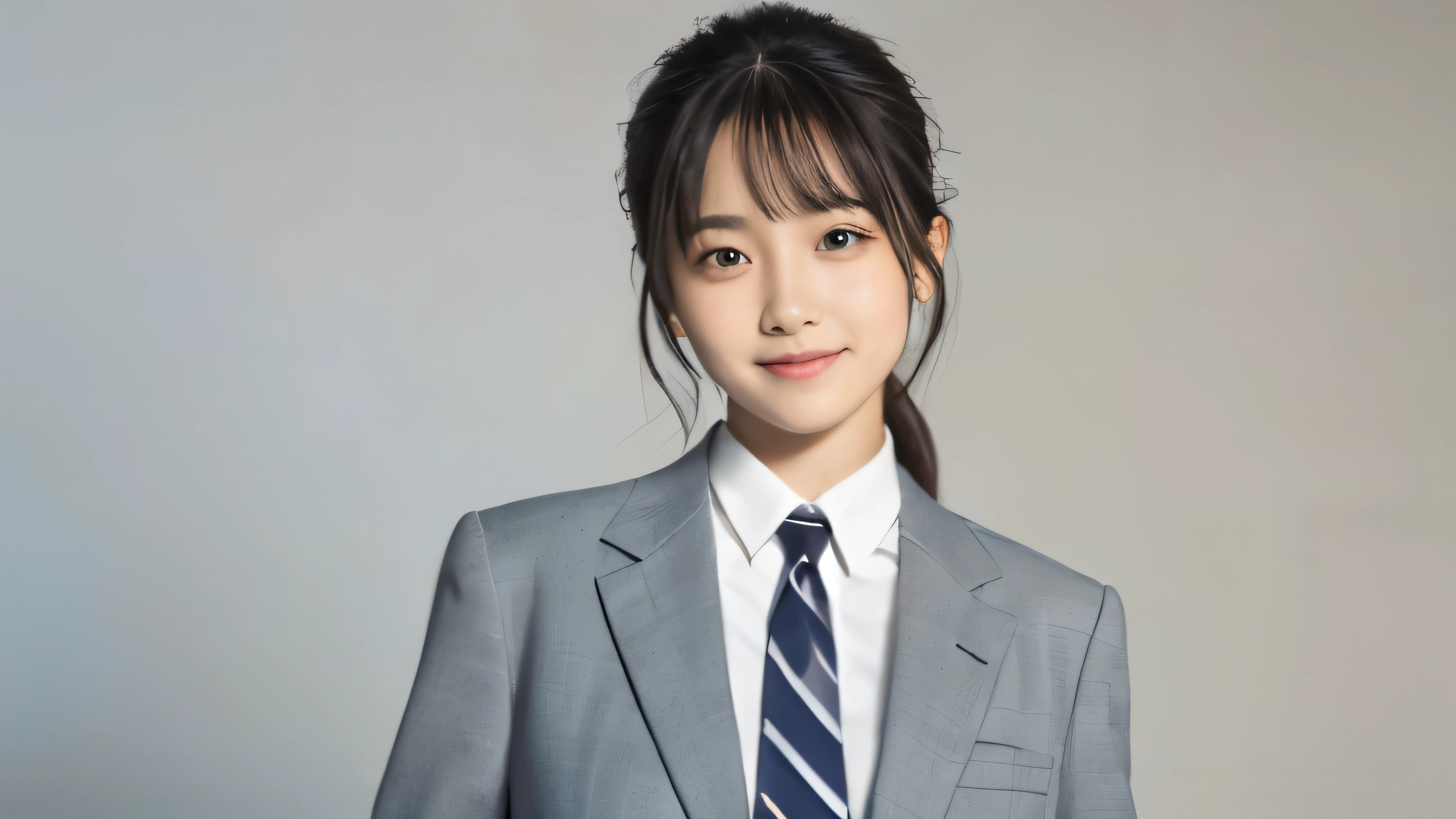 (Realistic: 1.4), (highest quality: 1.4), (Fine grain), Full body shot, ((White background)), ((Watching the audience)), ((1 female university student)), Black Hair, ((suit)), Wide eyes, Blushed face, smile, Highly detailed face and skin texture, Healthy Skin, 8k resolution