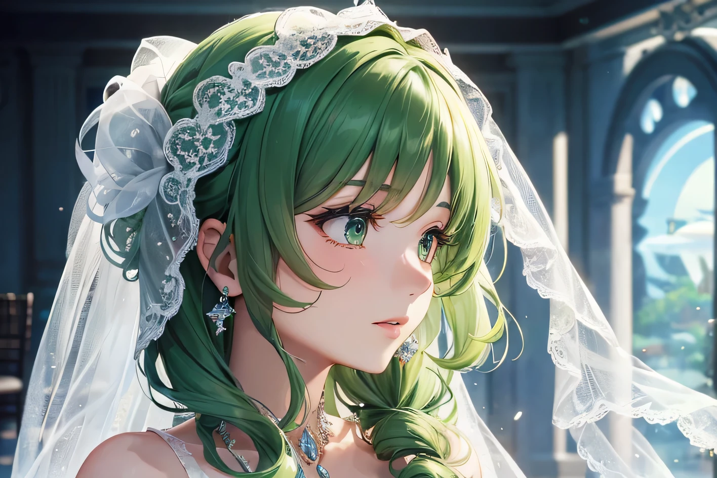 Close-up of the profile of a woman, her hair is green and curly, she is wearing a wedding dress and a veil, the background is an aquarium