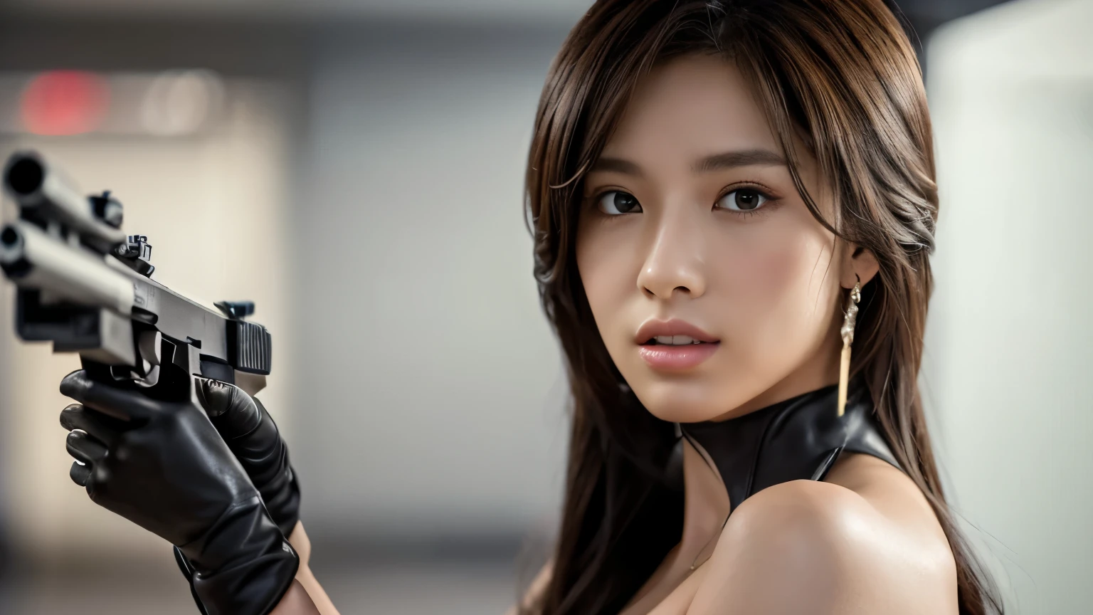 (4K, 8K , RAW , masterpiece, High resolution, High resolution ) , ( 4k wallpaper , 8k wallpaper ), Realistic CG , Highly detailed CG , (Japanese women) , Well-proportioned face , A slim body like a model , Crystal clear and beautiful skin , necklace , Earrings , Full body portrait , (Completely naked, wearing only boots and leather gloves) , (Holding a rifle on the battlefield)