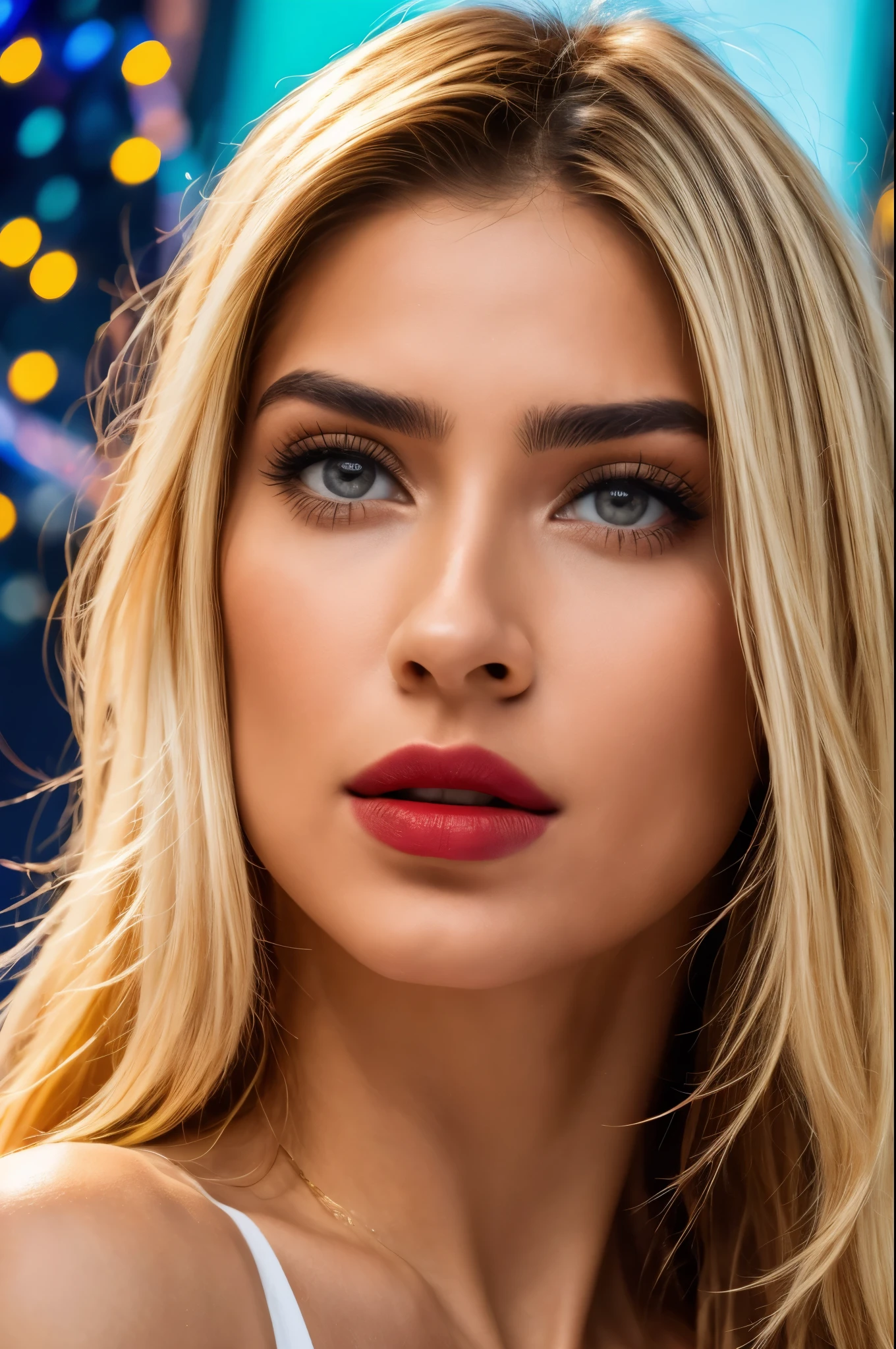 (Obra maestra), (mejor calidad:1.0), (ultra high resolution:1.0), retrato, 1 chica, Detallado hermoso, enfoque facial, (heavy mascara), (vivid lipstick), chica poco femenina, flaco, cabello muy largo, cara de noruega, fondo de pantalla 8k, (cabello blanco y colorido), mujer hermosa, constituir, polainas, cuerpo completo