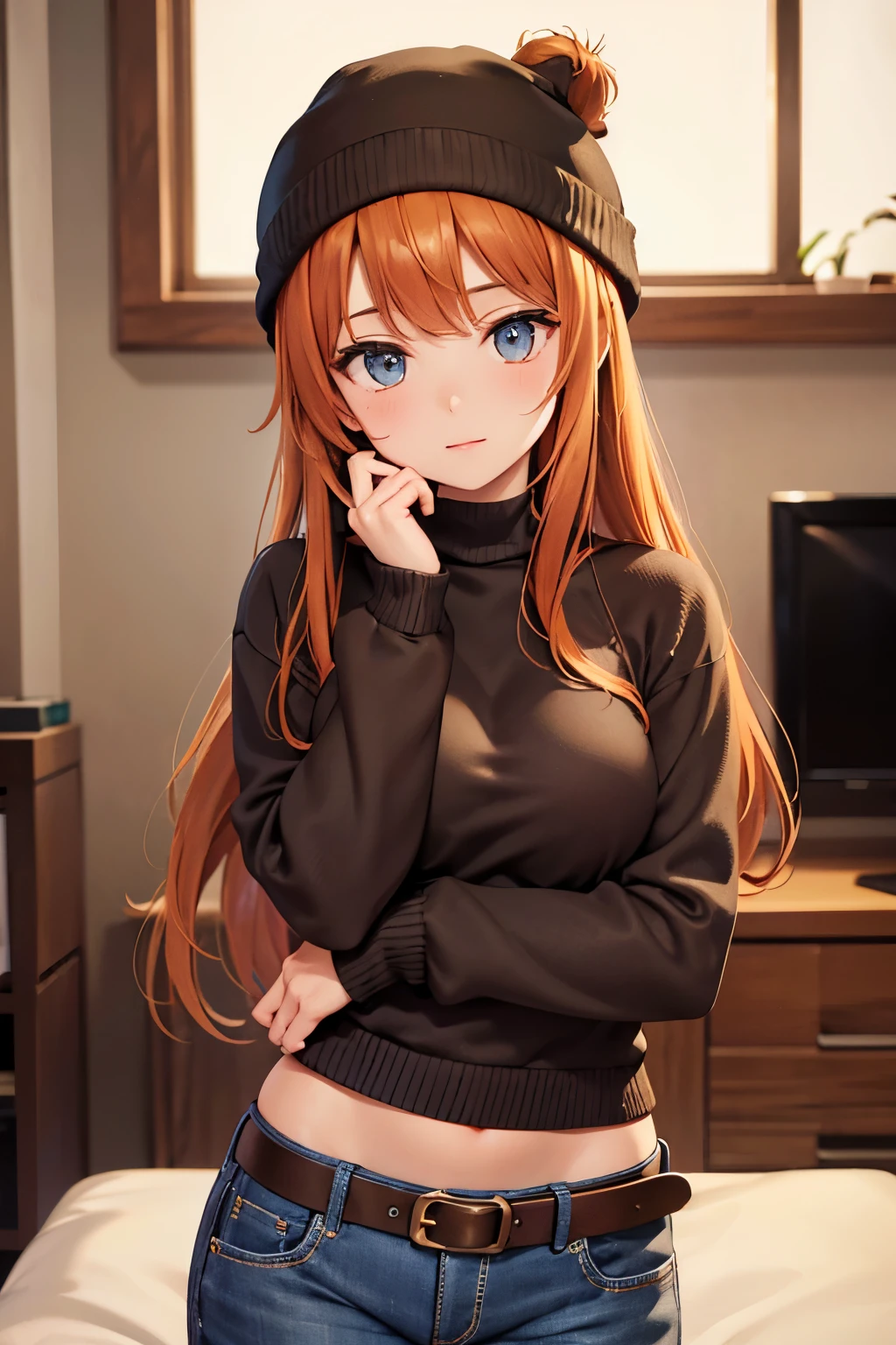 (best quality, highres, masterpiece:1.2), brown sweater, beautiful detailed eyes, perfect lighting, long sleeves, 1girl, solo, medium breasts, belt, living room, hand covering face, jeans, portrait, warm colors, soft shadows, cozy setting, orange hair, knitted cap, slight waist peek