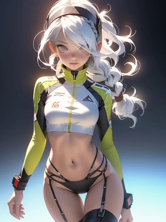 ((Best quality)), ((masterpiece)), (detailed: 1.4), (Absurd), War-ready female fighter pilot with military bikini, Marine, dark skin, defined sculpted body, full body, bare thighs, closed mouth, cyberpunk, semi naked, generous neckline, ((perfect medium breasts)), (super light blue eyes without pupils), (((military camouflage bikini)),  (((white hair with braid)))), long eyelashes heavy makeup, garter belt, by mucha, niji --V5, close to real, psychopathic, perfect face, sexy pose, background with a giant head, 2 piece clothing, pastel, centered, scale to fit the dimensions, HDR (High Dynamic Range),Ray Tracing, NVIDIA RTX,Super-Resolution,Unreal 5,Subsurface Dispersion, PBR Texture, exposed belly, Post-processing, Anisotropic filtering, Depth of field, Maximum clarity and sharpness, Multilayer textures, Albedo and specular maps, Surface shading, Accurate simulation of light-material interaction, Perfect proportions, thigh gap, Octane Render, Two-tone lighting, Wide aperture, Low ISO, White balance, Rule of thirds, 8K RAW, bright crysisnanosuit bikini, thigh gap, nice hips, bikini panties, perfect legs, synthwave bikinis, bare arms