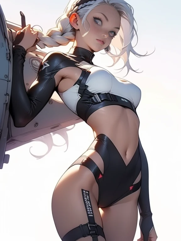 ((Best quality)), ((masterpiece)), (detailed: 1.4), (Absurd), War-ready female fighter pilot with military bikini, Marine, dark skin, defined sculpted body, full body, bare thighs, closed mouth, cyberpunk, semi naked, generous neckline, ((perfect medium breasts)), (super light blue eyes without pupils), (((military camouflage bikini)), (((white hair with braid)))), long eyelashes heavy makeup, garter belt, by mucha, niji --V5, close to real, psychopathic, perfect face, sexy pose, background with a giant head, 2 piece clothing, pastel, centered, scale to fit the dimensions, HDR (High Dynamic Range),Ray Tracing, NVIDIA RTX,Super-Resolution,Unreal 5,Subsurface Dispersion, PBR Texture, exposed belly, Post-processing, Anisotropic filtering, Depth of field, Maximum clarity and sharpness, Multilayer textures, Albedo and specular maps, Surface shading, Accurate simulation of light-material interaction, Perfect proportions, thigh gap, Octane Render, Two-tone lighting, Wide aperture, Low ISO, White balance, Rule of thirds, 8K RAW, bright crysisnanosuit bikini, thigh gap, nice hips, bikini panties, perfect legs, synthwave bikinis, bare arms