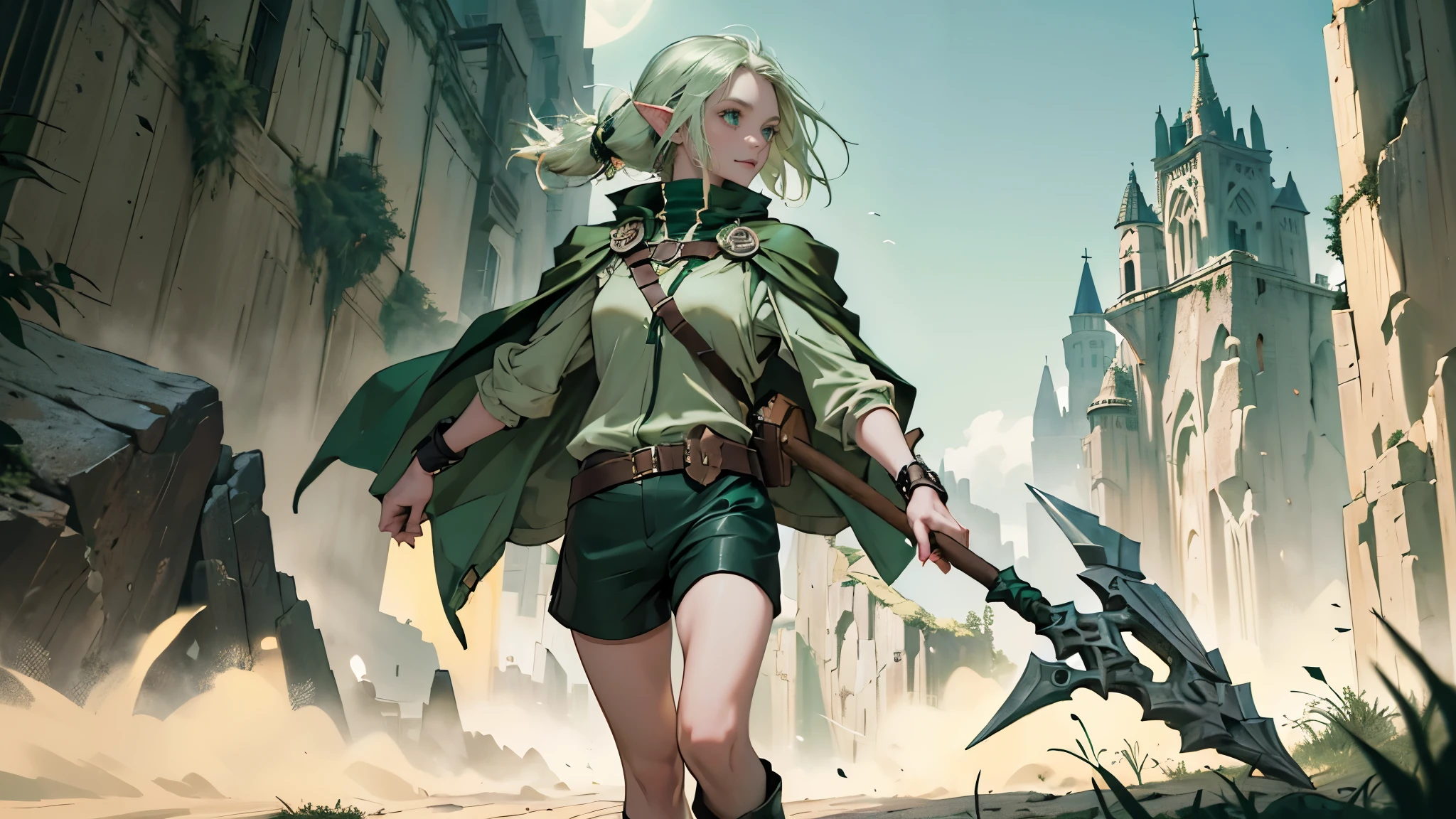 (((((girl))))), masterpiece, ultra detailed, 8K Portrait, Raw photo, woman's portrait photography, full body, Highly detailed smile face, ((Fantasy)), (((hobbit))), ((Adult)), 45 years old, 110cm, (((thief))), ((white skin)), greenish blond twin tail hair, (wearing a helmet), (((dark green silk long cloak))) Fluttering in the wind, (((explorer safari jacket))), leather grooves, (((short pants))), (((having a lot of tool kit bag))), (((equip a pickaxe))), Midday sun, Hyper realistic, Slender body, by the foggy castle, Ambient lighting, Shadow details , Camera focus on face, strong breeze, Light fog