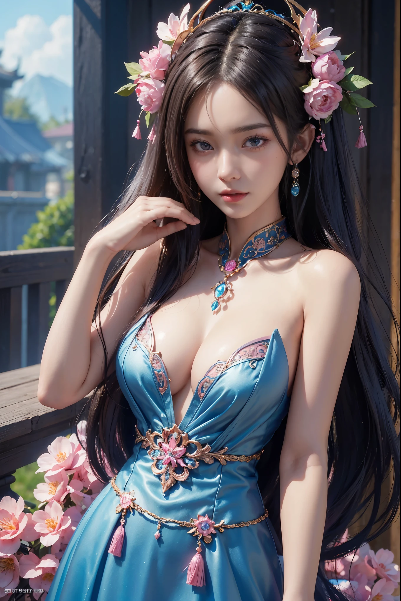 a close up of a woman with long hair and a blue dress, game cg, smooth anime cg art, naked, medium breast, pink nipple, pink and red lips, intricate ornate anime cgi style, full body xianxia, cinematic goddess close shot, hyperdetailed fantasy character, 3 d anime realistic, anime cgi, 4 k detail fantasy, close up character, 3 d render character art 8 k, 8k high quality detailed art,((Superb beauty)),((perfect face)),((with exquisite facial features))