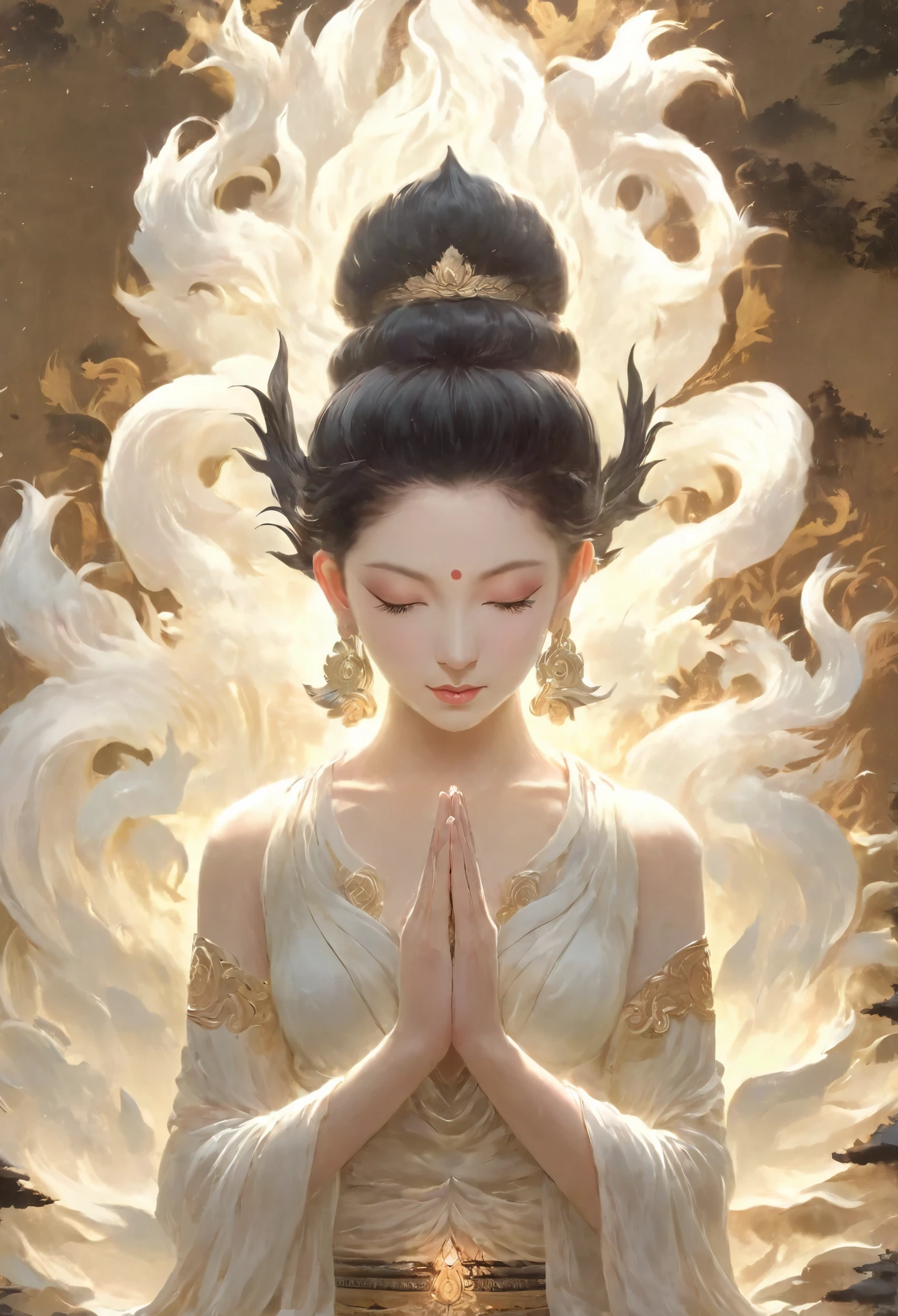 Beauty，Black hair，Black eyes，Gauze skirt，front，，symmetry，Hands together，Bodhisattva shape，Clean background，masterpiece,