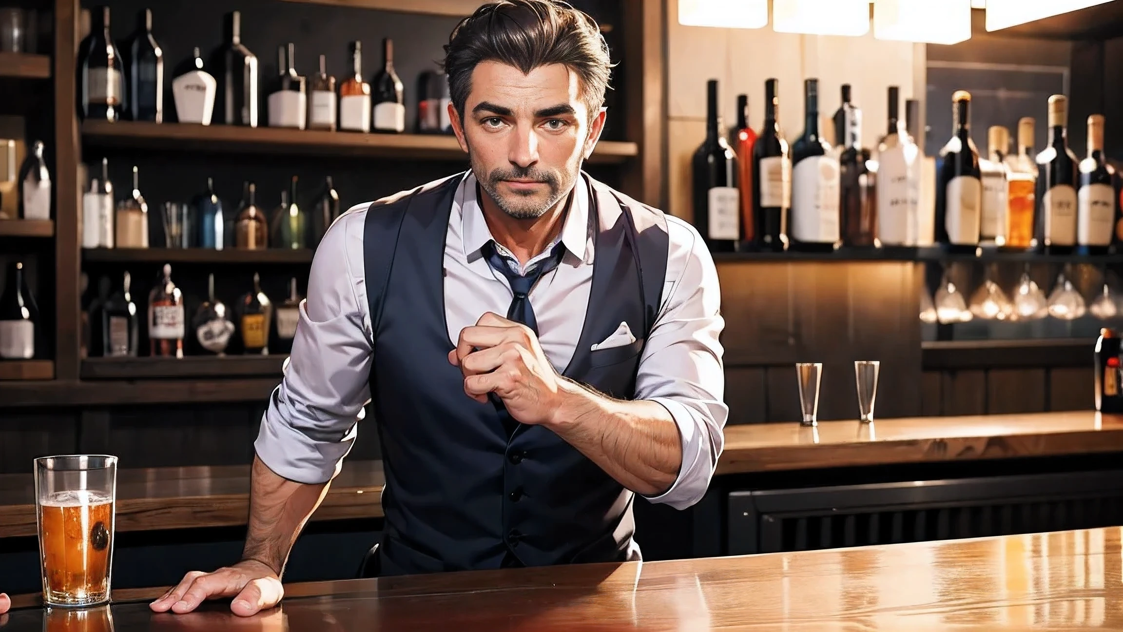 A handsome middle-aged man bartender at a trendy bar,gilet