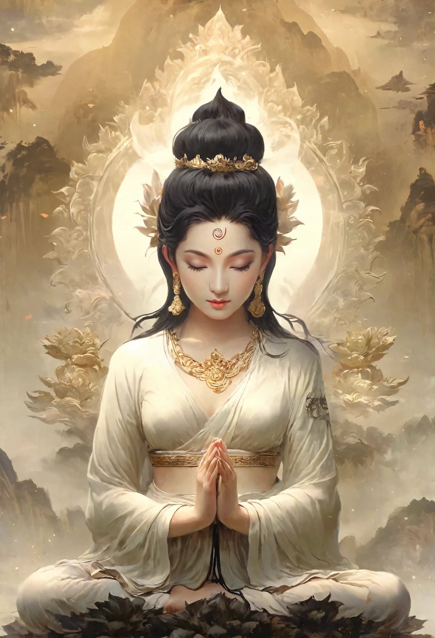 Beauty，Black hair，Black eyes，Gauze skirt，front，，symmetry，Hands together，Bodhisattva shape，Clean background，masterpiece,