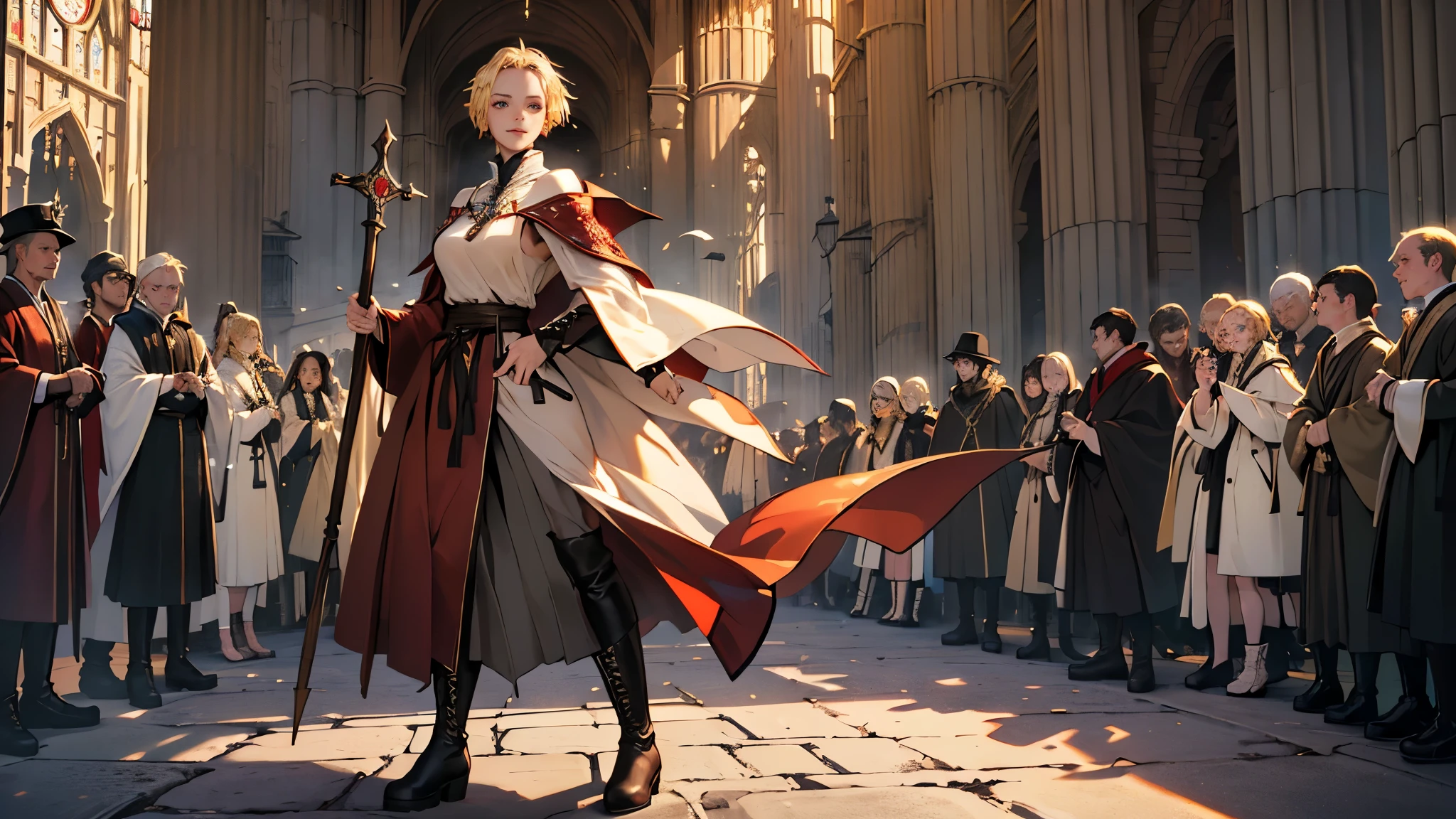 masterpiece, ultra detailed, 8k portrait, RAW photo, portrait photography, highly detailed face, beautiful and meticulous eyes, ((Fantasy)), Young beautiful, dynamic pose, kind face, smile, (((Blonde very short hair, forehead))), ((Priest)), armpit, wood necklace, clergy hat, (((long cloak))) fluttering in the wind, (((dark dull red super fit Priest robe))), (((long skirt)), (((low boots))), ((holding long wood staff)), big shoulder bag, Midday Sun, hyper realistic, Body model, mid breasts, Beautiful breasts, Long legs, in the crowd, Ambient lighting, Shadow details , Camera focus on face, strong breeze, Light fog