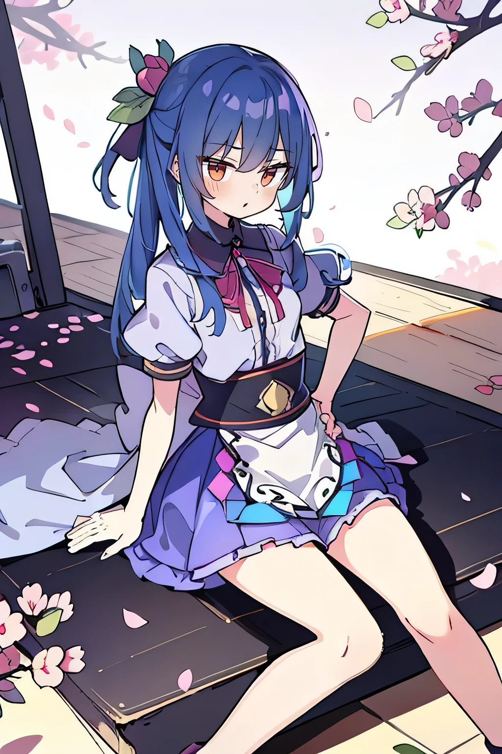 (best quality, masterpiece:1.2), expressive eyes, perfect face, 1 girl, hands on waist, beautiful, gorgeous, Japanese animation, Lola, Hinamori Angel, blue hair, floating clothes, waist grab, waist grab, hands on hips, sitting, sitting on the ground, legs on the ground, flat-chested, falling petals, sitting in a pavilion, pavilion.
