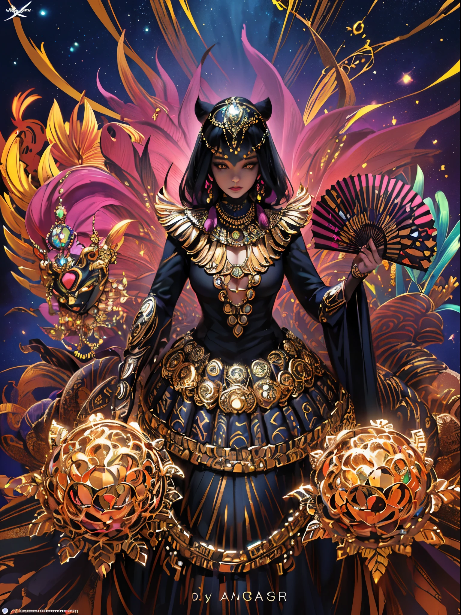 Black panther motif、Vibrant colorasterpiece)))、(((highest quality)))、((Ultra-detailed))、(Surreal)、(Highly detailed CG illustration)、Official Art、Land of Africa、Decadent、Brown Skin、masquerade ball、Sophistication、grace、nice、Colorful and elaborate mask designs、Unparalleled beauty、fan、Shining Jewels、Female Solo、The perfect angle、Perfect composition