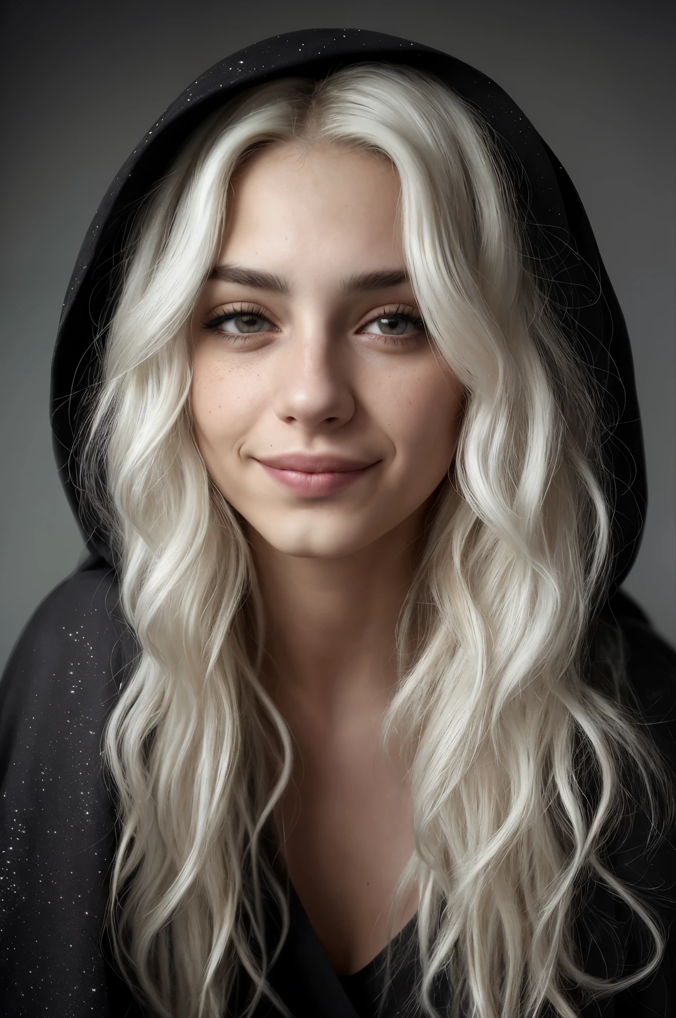 (de cerca, Editorial photograph of a 21-year-old woman.), (cara muy detallada:1.4) (sonrisa:0.7) (fondo dentro oscuro, Malhumorado, estudio privado:1.3) Punto de vista, por lee jeffries, Nikon D850, film stock photography ,4 Kodak Portra 400 ,f1 camera.6 lentes ,Colores ricos , pelirrojo, Hyper realistic ,textura realista, dramatic lighting , cinestill 800, pelo ondulado, pelo despeinado, chinos, sonrisa afectada, malicious sonrisa, pelo blanco, pecas, platinum pelo blanco, pelo largo, ojos grises, piel blanca, usando una capa transparente, capa hecha del cielo nocturno, manto transparente, Beautiful lighting, luz