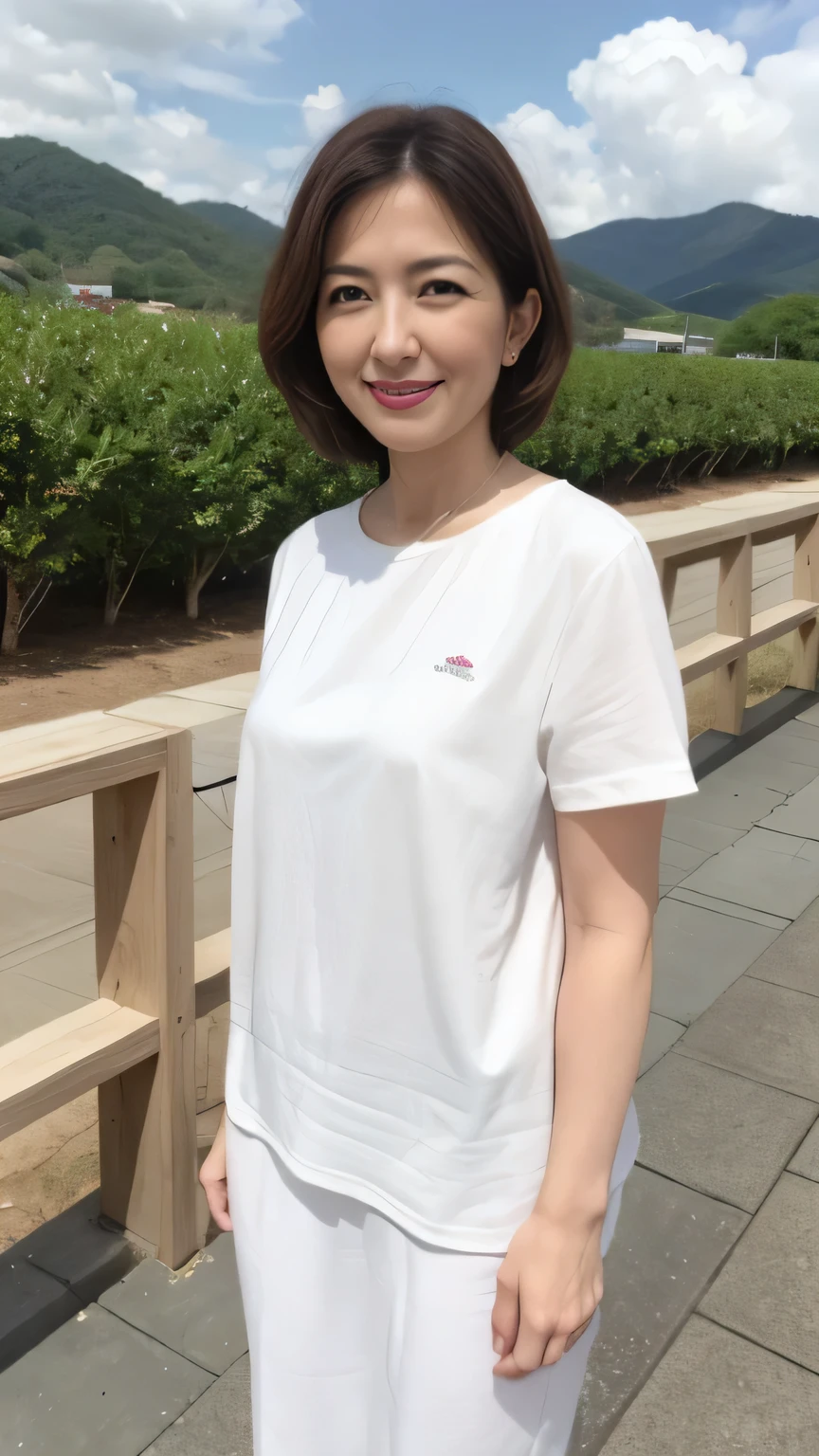 最high quality, 8k, Lively, Sharp focus, high quality, high resolution, middle aged woman, Mature woman, 49 years old, (Full Body Esbian), (Detailed face wearing high heels, Very detailed eyes, thick lips, Full body shape、Plump face、(( 1.6))、Big Ass、Beautiful scenery、outdoor,Standing,White T-shirt,Feel free to hairstyle、Gentle smile、Sunlight,