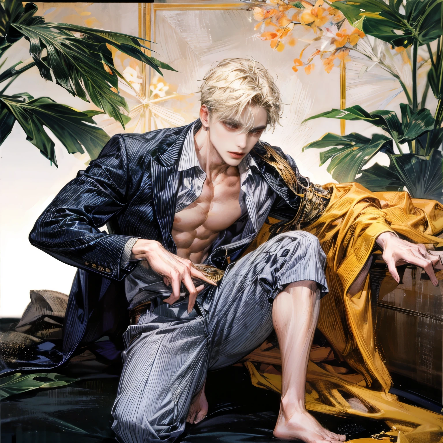 Hot guy, full body, muscular, hodling hand cuffs, with open blazer, shirtless