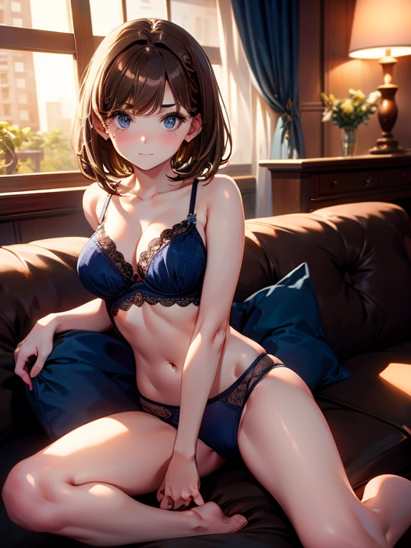 highest quality、Complete limbs、Refers to the whole、Beautiful human woman、((Brown haired woman:1.4))、Very short hair、Busty women:1.6、A woman wearing a navy blue bra、Embarrassed face、Life、Sit on the sofa、Woman leaning on the back of a sofa、Woman on all fours、((Dark blue panties))、Touching the crotch with hands、bare hands、barefoot
