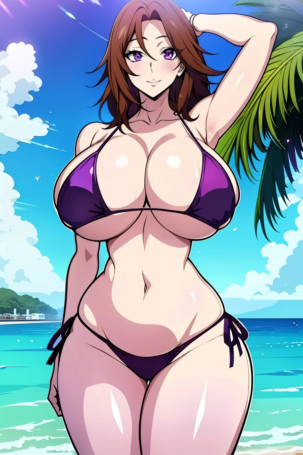 An anime-style artwork depicting Venelana Gremory from the anime High School DxD.

Tags: Venelana Gremory, anime, detailed eyes, detailed lips, ass, bare shoulders, 1girl, brown hair, (purple eyes:1.4), (micro bikini : 1.4),  solo, huge breasts, smiling expression, intense gaze, dynamic pose, outdoor, beach, vibrant colors, digital art, high-resolution, professional quality, gigantic breasts, (underboob : 1.4), curvy, cowboy shot, (gigantic breasts: 1.4),